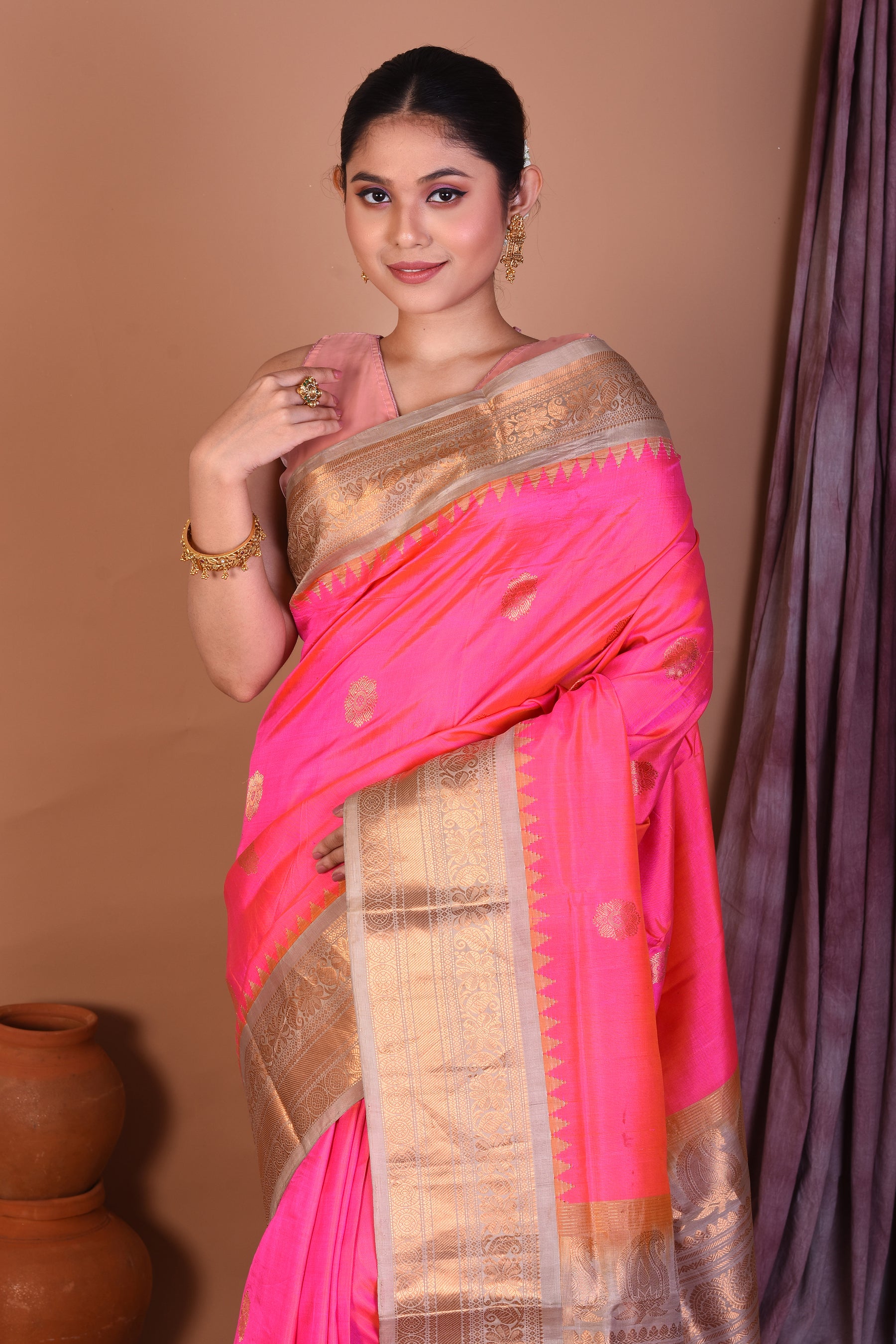 Pink Pure Gadwal Saree with Beige Borders - Keya Seth Exclusive