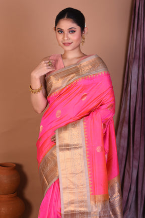 Pink Pure Gadwal Saree with Beige Borders - Keya Seth Exclusive