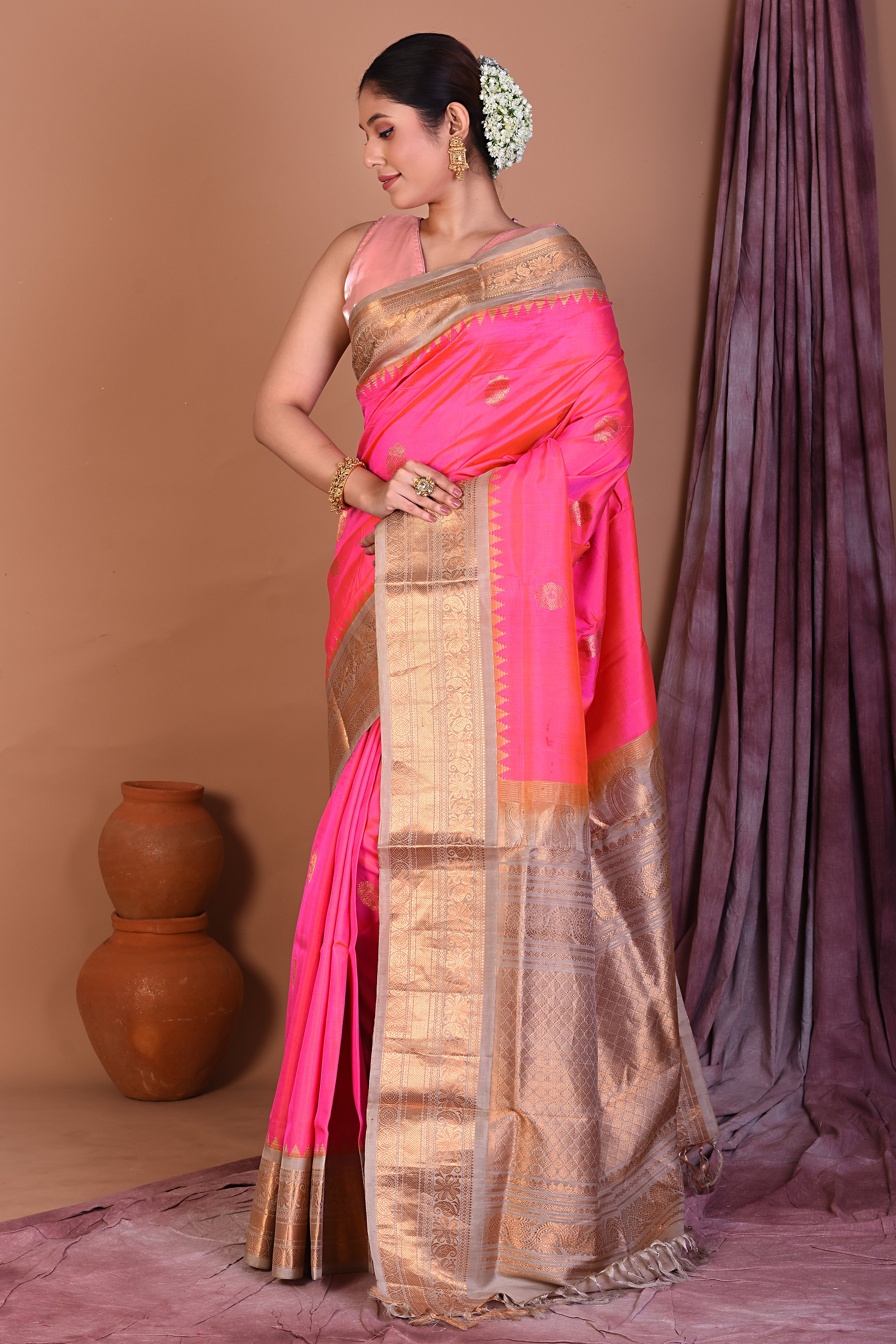 Pink Pure Gadwal Saree with Beige Borders - Keya Seth Exclusive