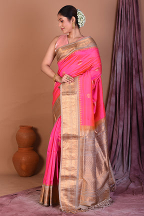 Pink Pure Gadwal Saree with Beige Borders - Keya Seth Exclusive