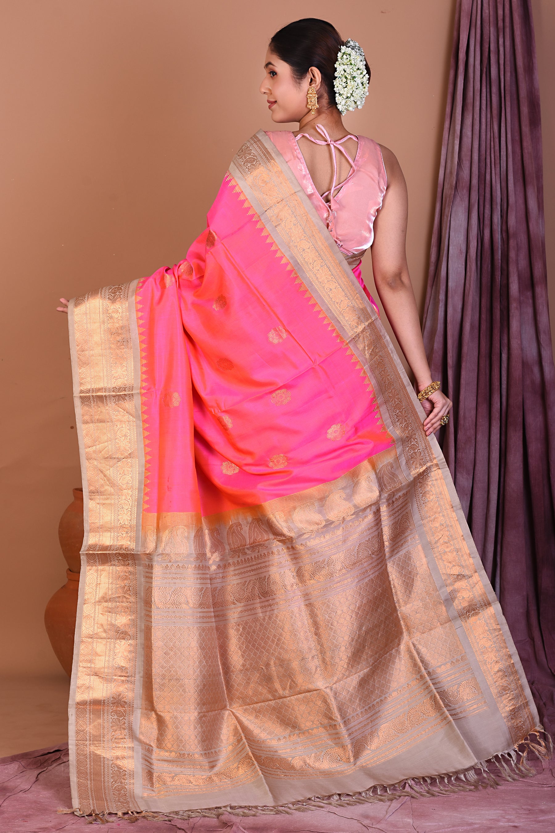 Pink Pure Gadwal Saree with Beige Borders - Keya Seth Exclusive