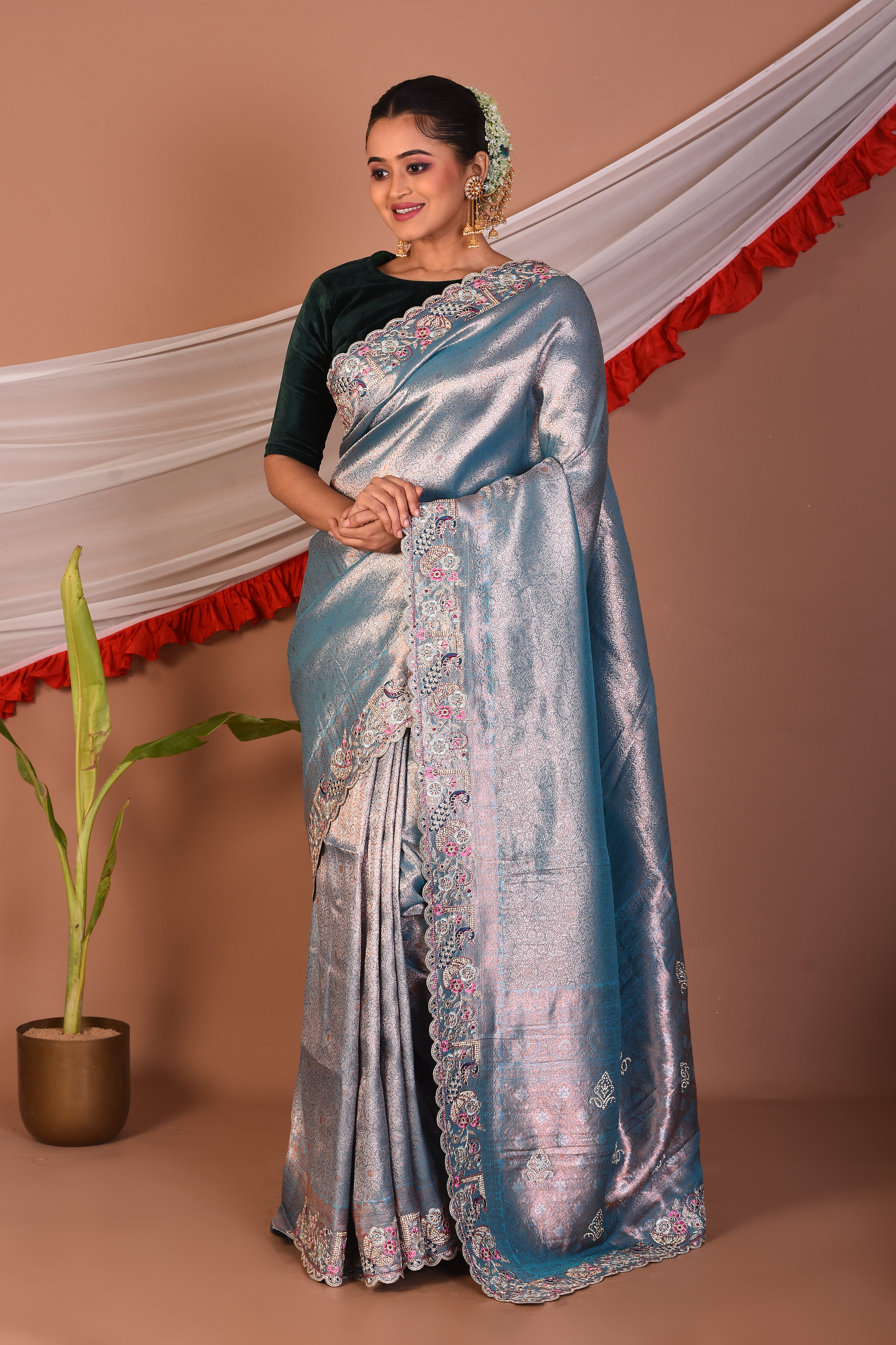Sky Blue Blended Tissue Saree - Keya Seth Exclusive