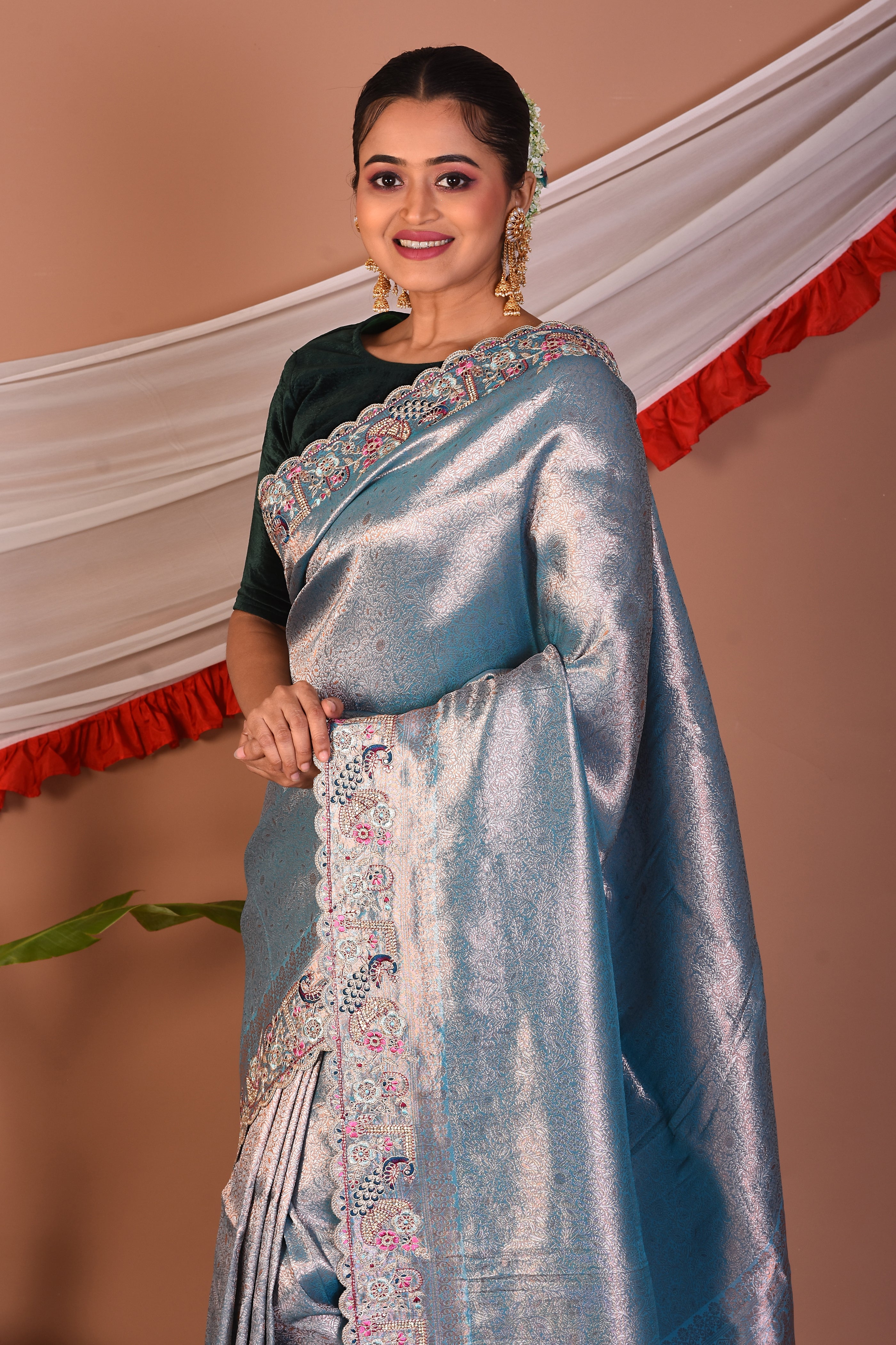 Sky Blue Blended Tissue Saree - Keya Seth Exclusive