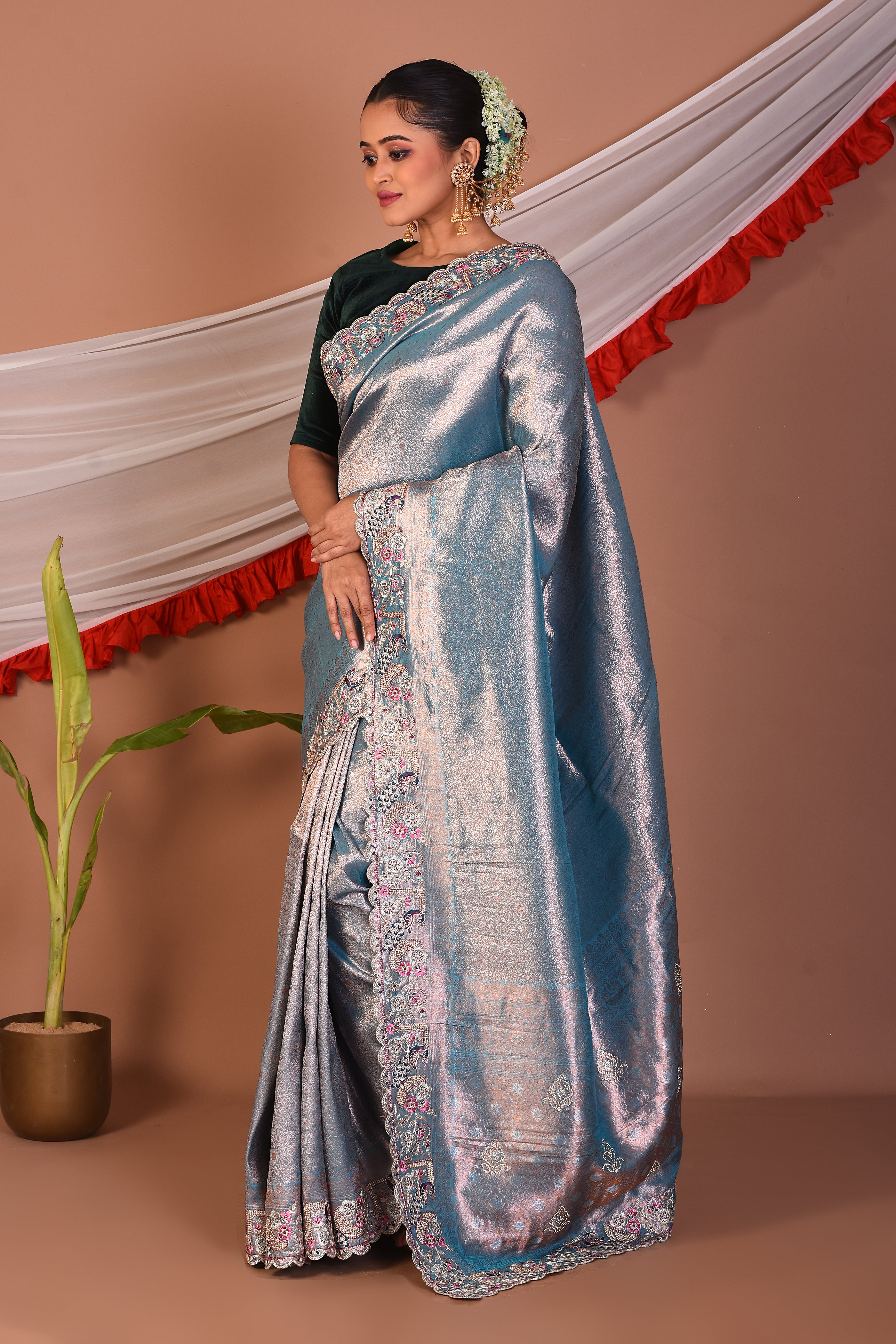 Sky Blue Blended Tissue Saree - Keya Seth Exclusive