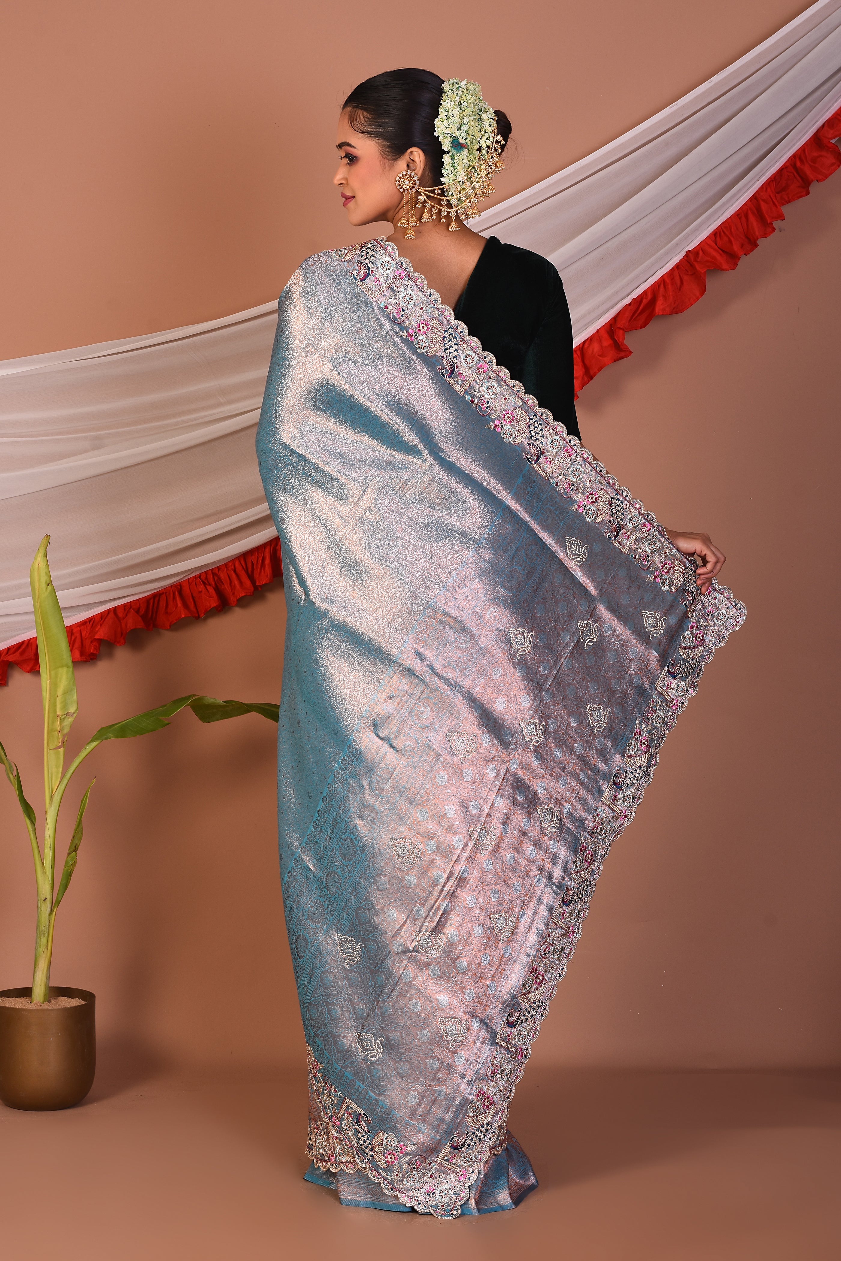 Sky Blue Blended Tissue Saree - Keya Seth Exclusive