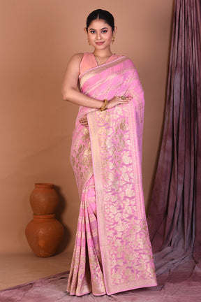 Light Pink Blended Khaddi Georgette Saree with Golden Zari - Keya Seth Exclusive