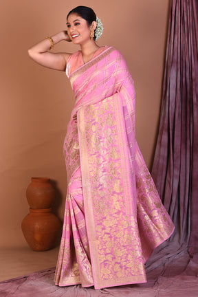 Light Pink Blended Khaddi Georgette Saree with Golden Zari - Keya Seth Exclusive