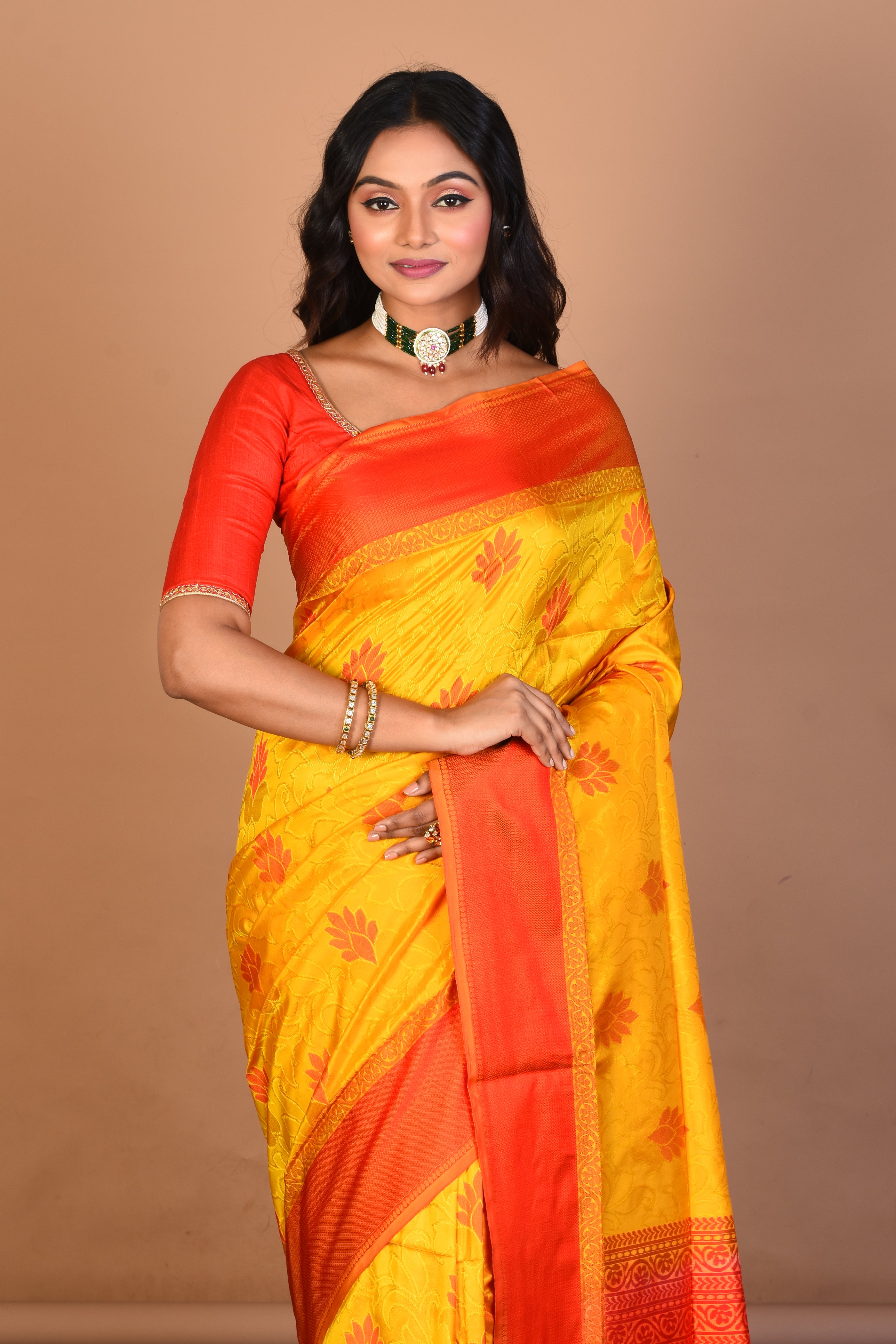 Yellow Pure Katan Silk Saree with Blouse Piece - Keya Seth Exclusive