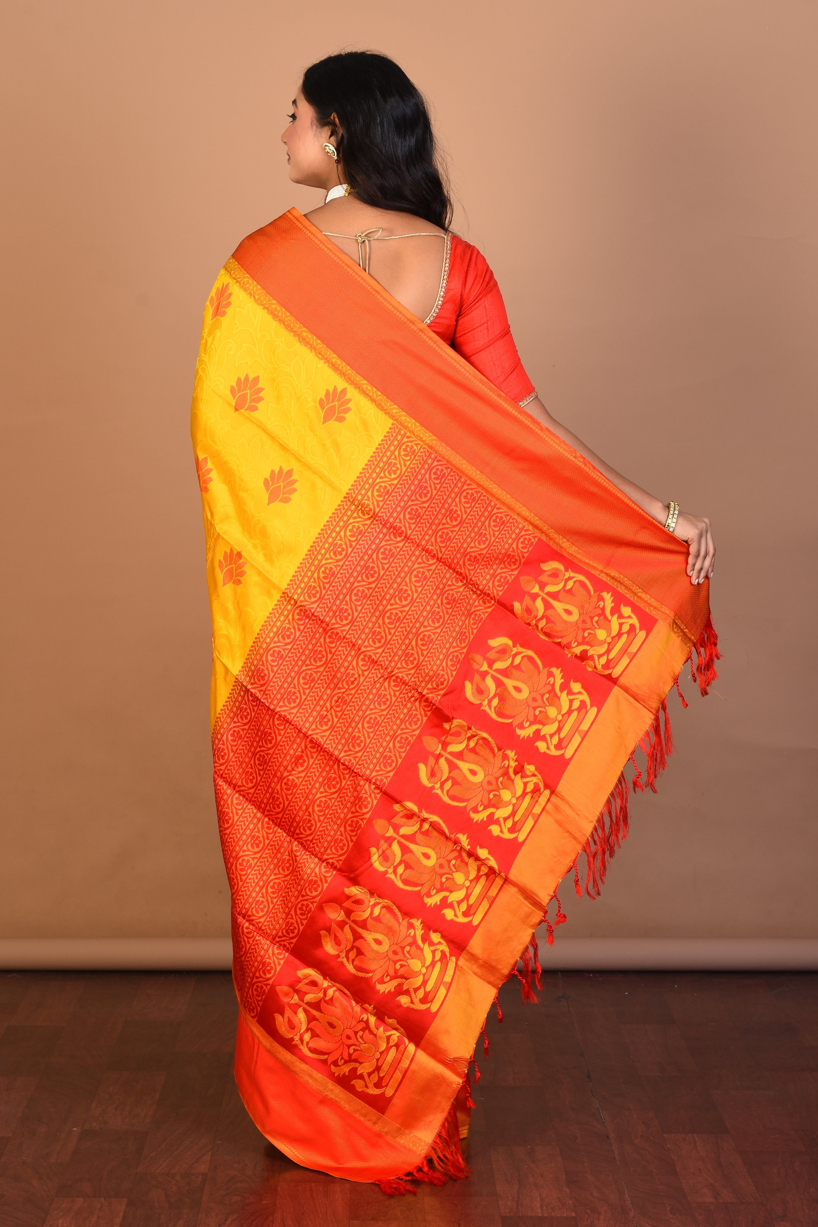 Yellow Pure Katan Silk Saree with Blouse Piece - Keya Seth Exclusive