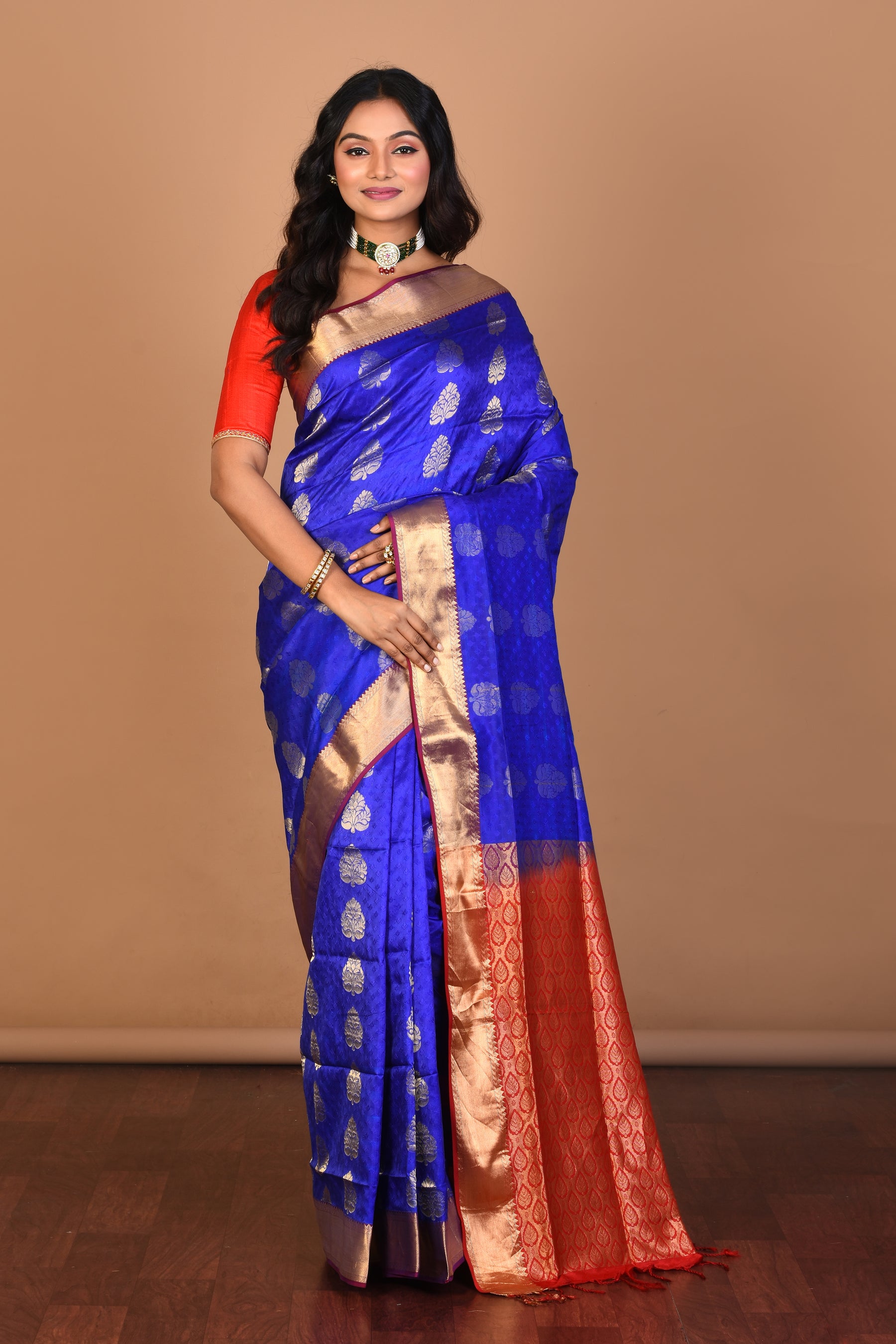 Royal Blue Pure Katan Silk Saree with Blouse Piece - Keya Seth Exclusive