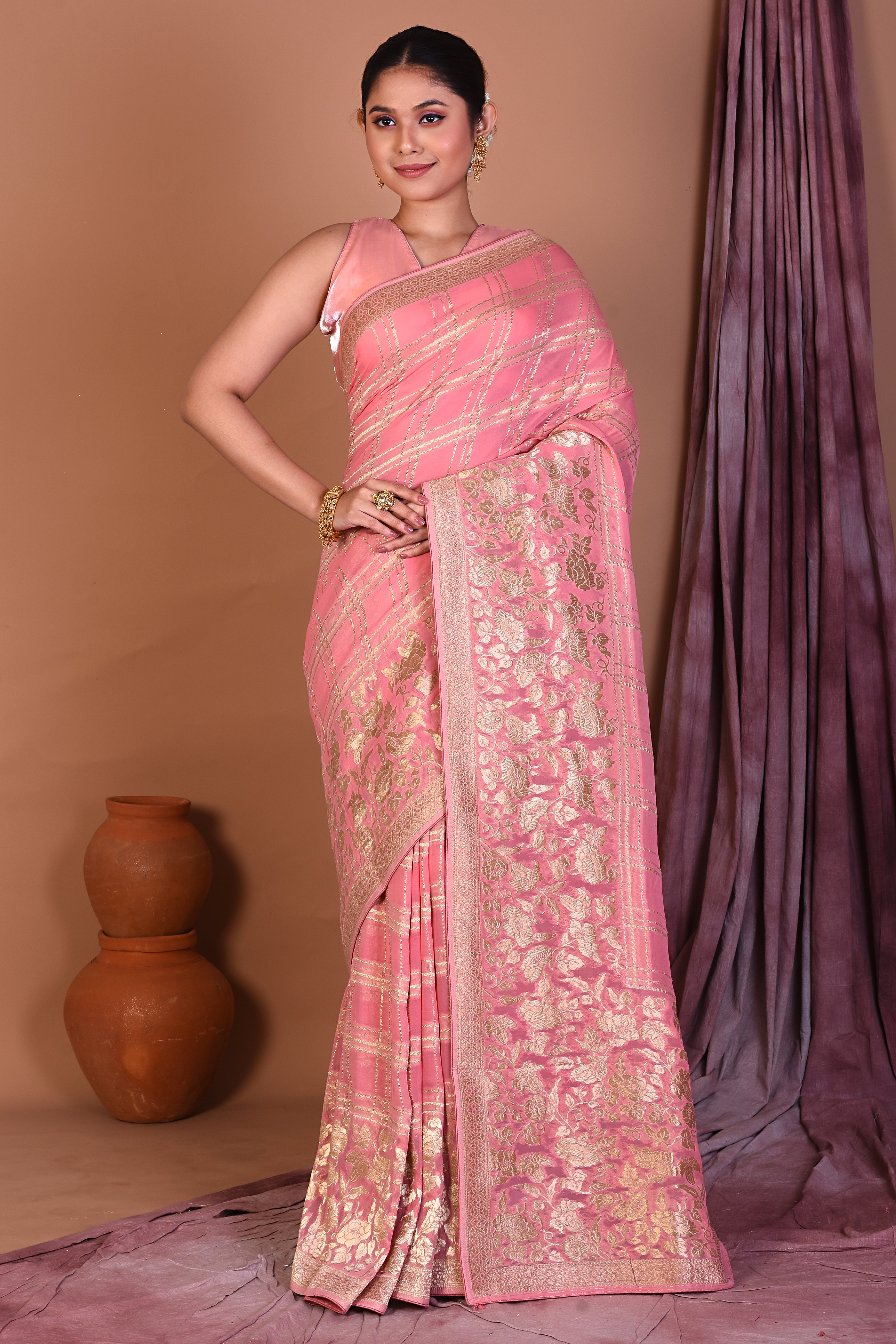 Light Peach Blended Khaddi Georgette Saree with Golden Zari - Keya Seth Exclusive