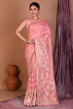 Light Peach Blended Khaddi Georgette Saree with Golden Zari - Keya Seth Exclusive