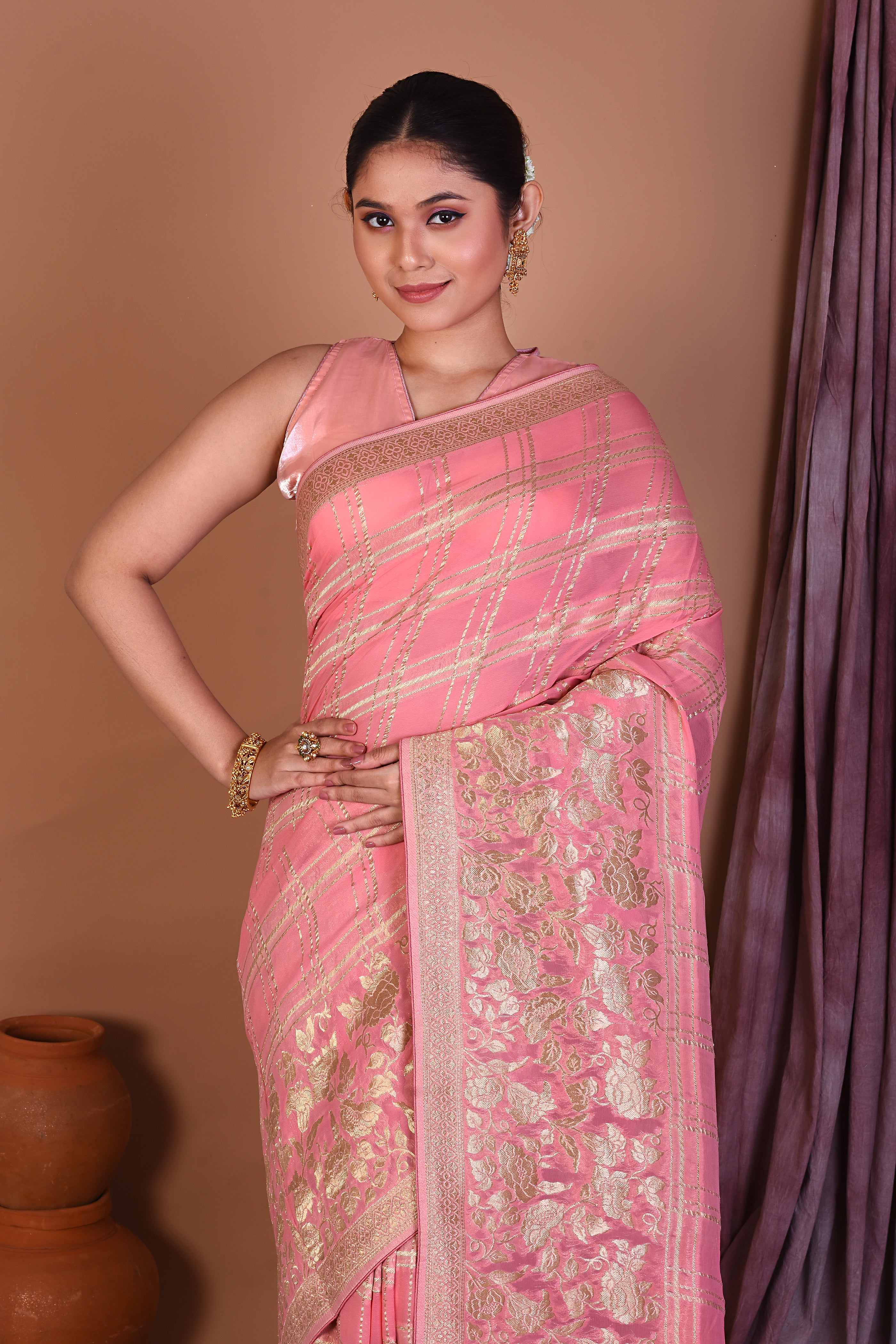 Light Peach Blended Khaddi Georgette Saree with Golden Zari - Keya Seth Exclusive