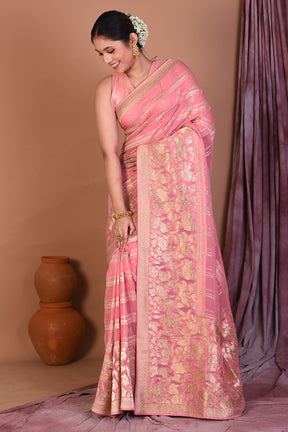 Light Peach Blended Khaddi Georgette Saree with Golden Zari - Keya Seth Exclusive