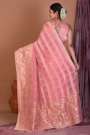 Light Peach Blended Khaddi Georgette Saree with Golden Zari - Keya Seth Exclusive