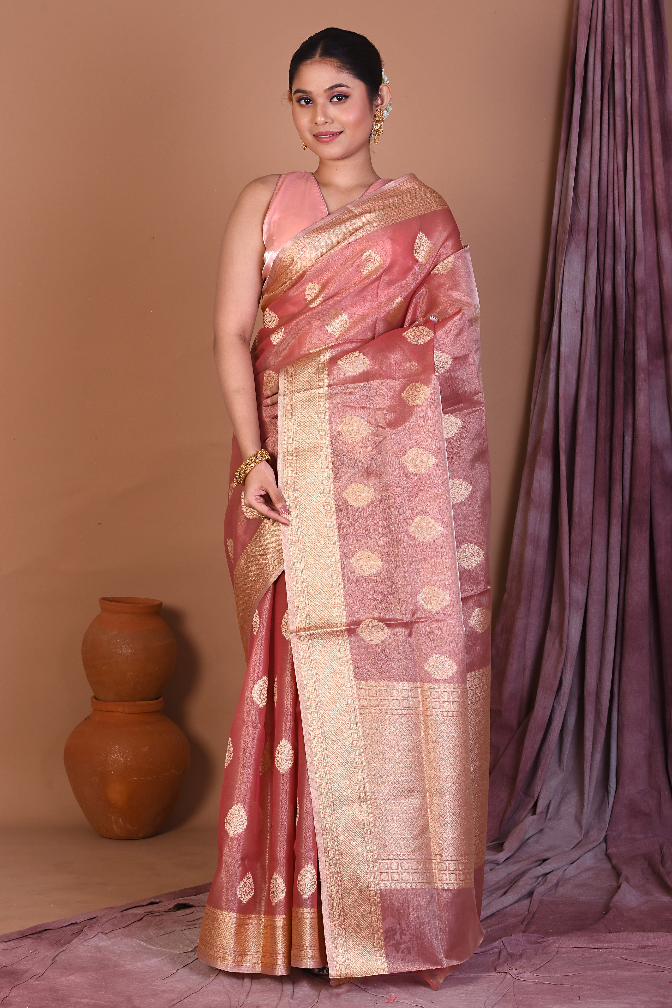 Peach Blended Tissue Saree with Zari Work - Keya Seth Exclusive