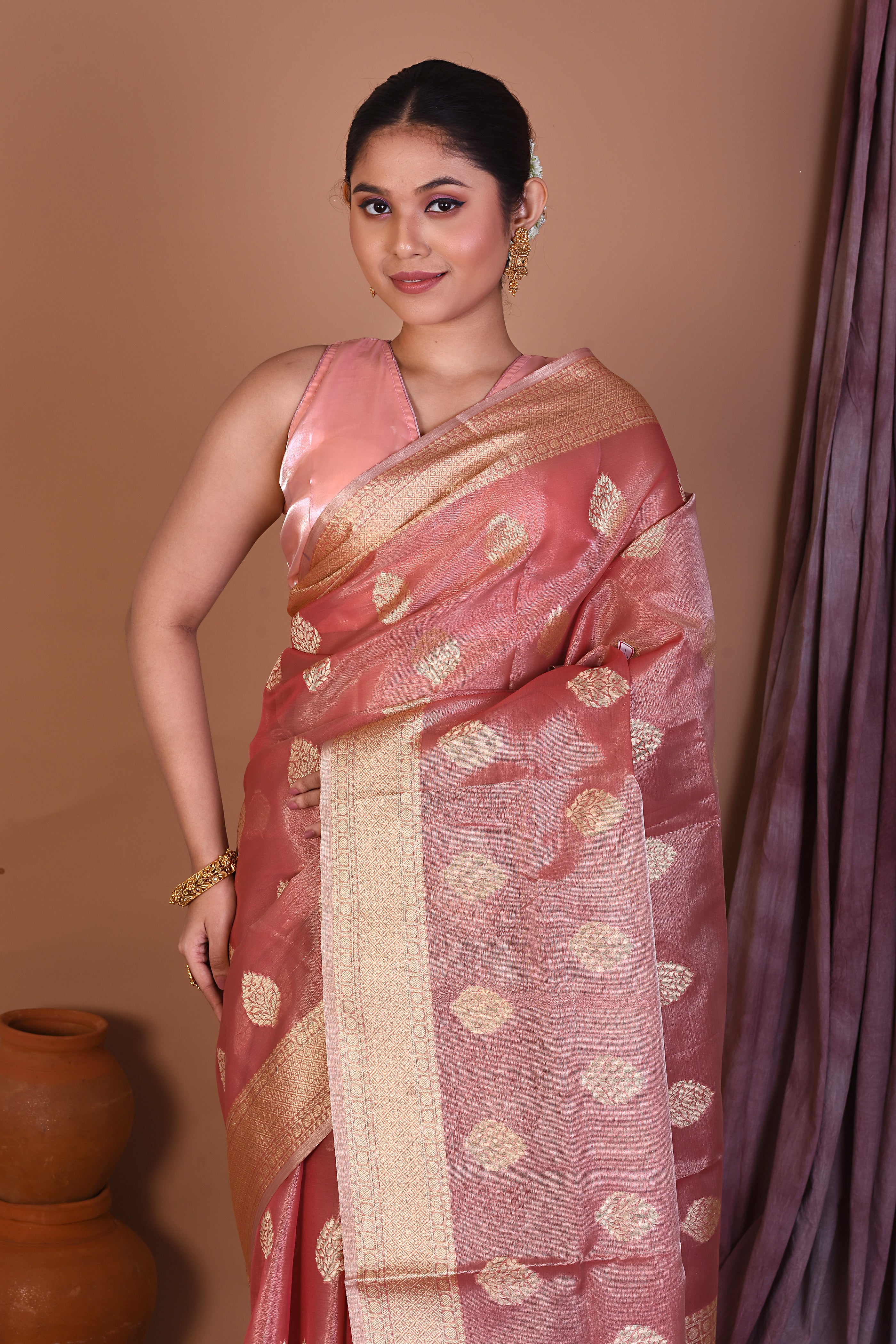 Peach Blended Tissue Saree with Zari Work - Keya Seth Exclusive