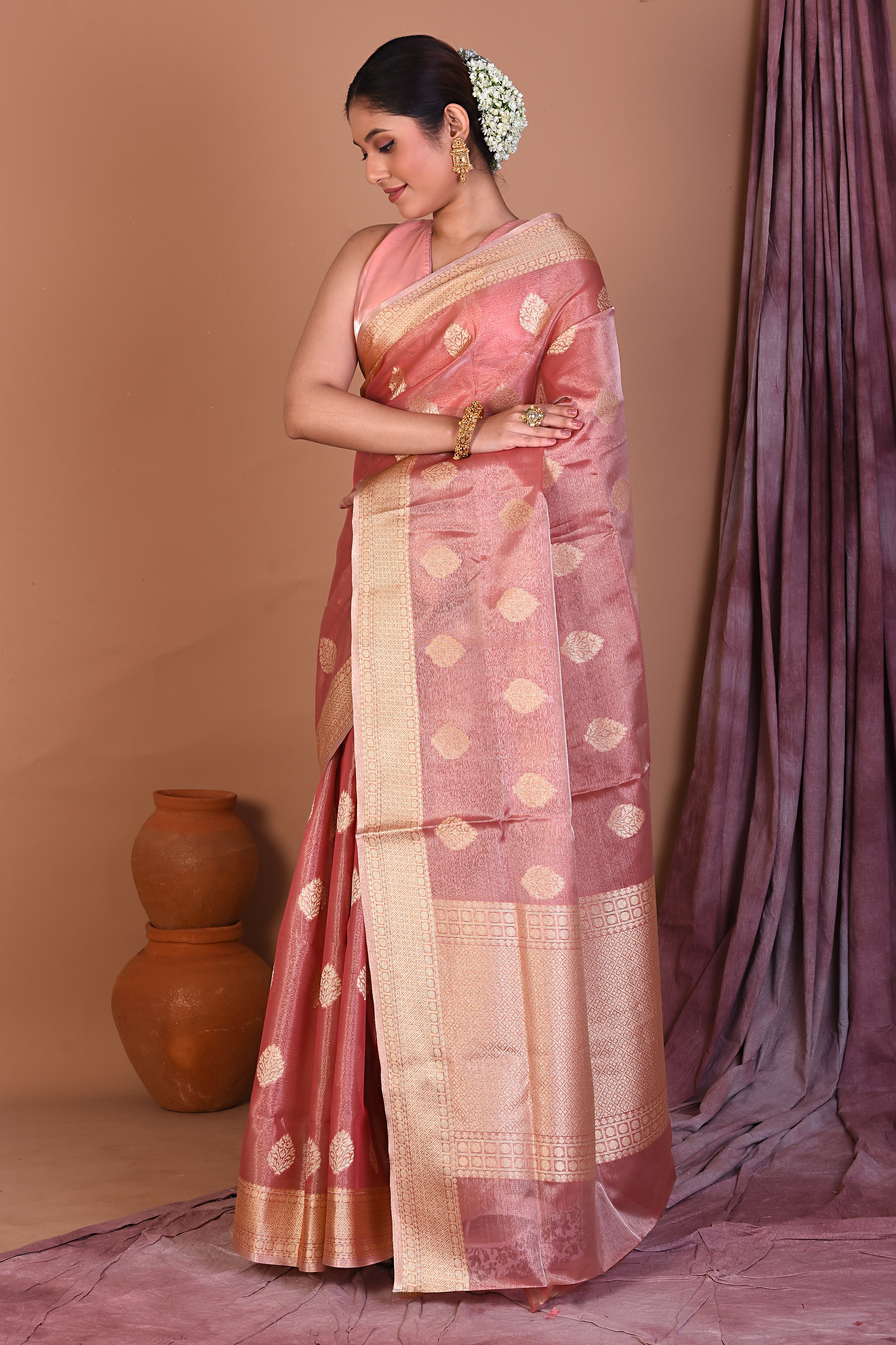 Peach Blended Tissue Saree with Zari Work - Keya Seth Exclusive