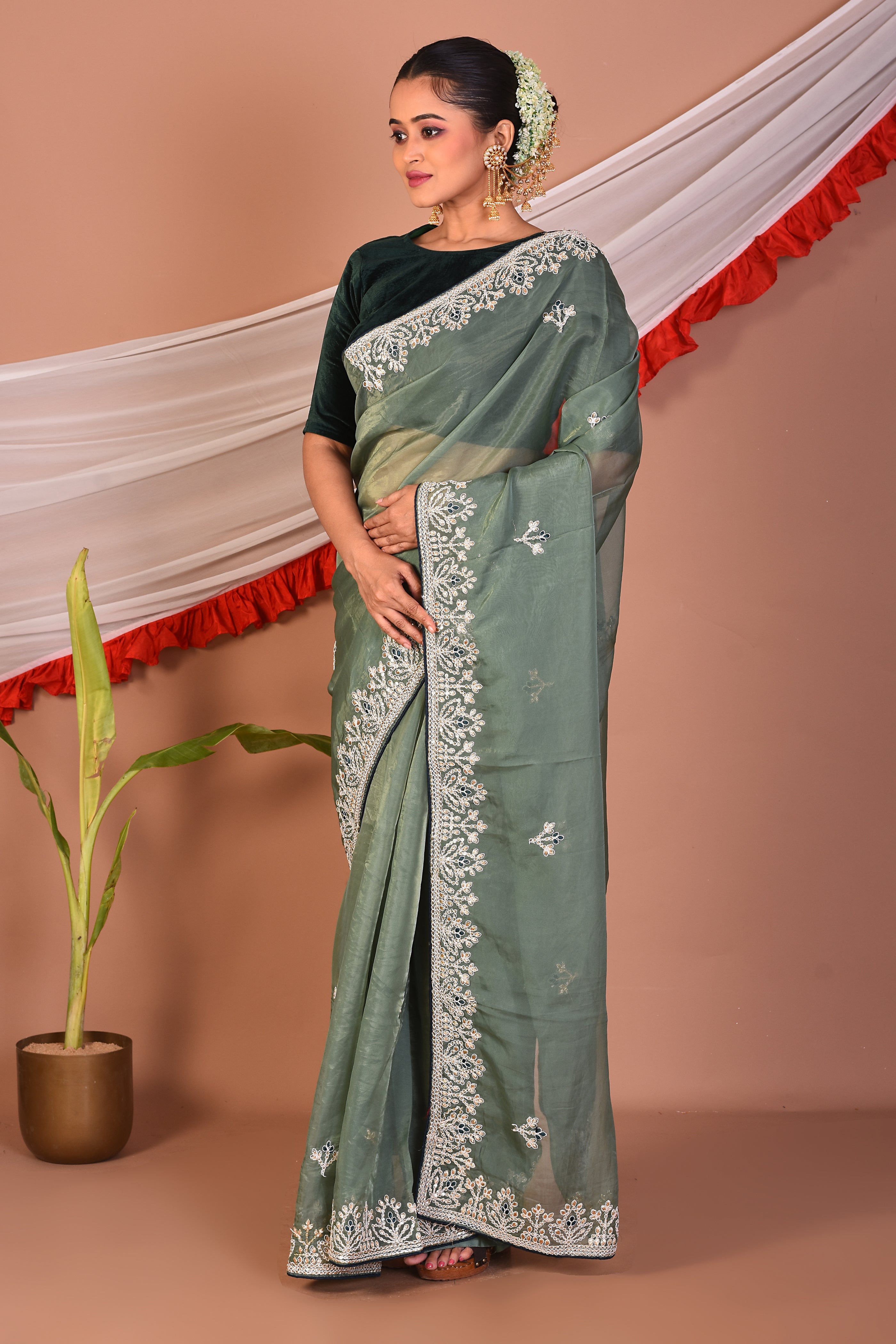 Light Green Blended Organza Saree - Keya Seth Exclusive