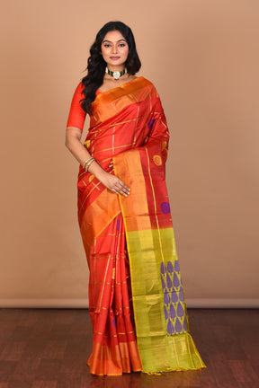 Red Pure Katan Silk Saree with Blouse Piece - Keya Seth Exclusive