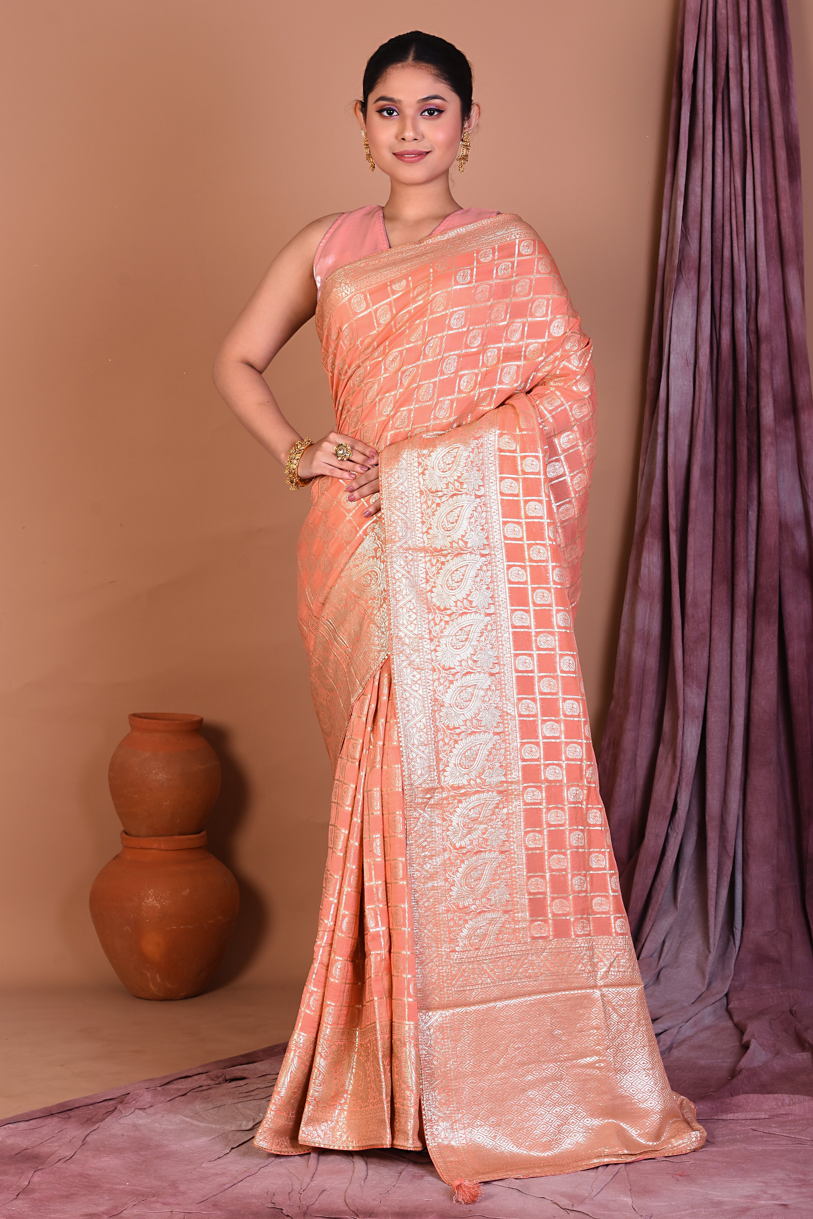 Orange Blended Khaddi Georgette Saree with Golden Zari - Keya Seth Exclusive