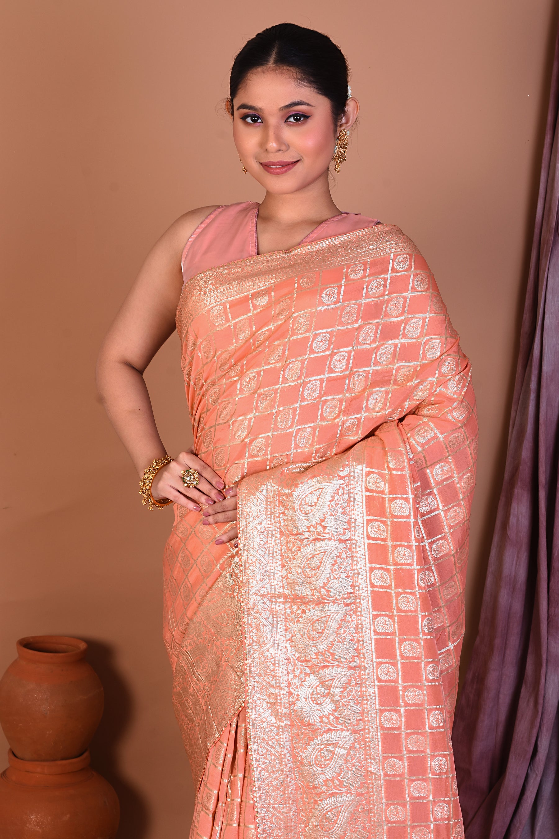 Orange Blended Khaddi Georgette Saree with Golden Zari - Keya Seth Exclusive