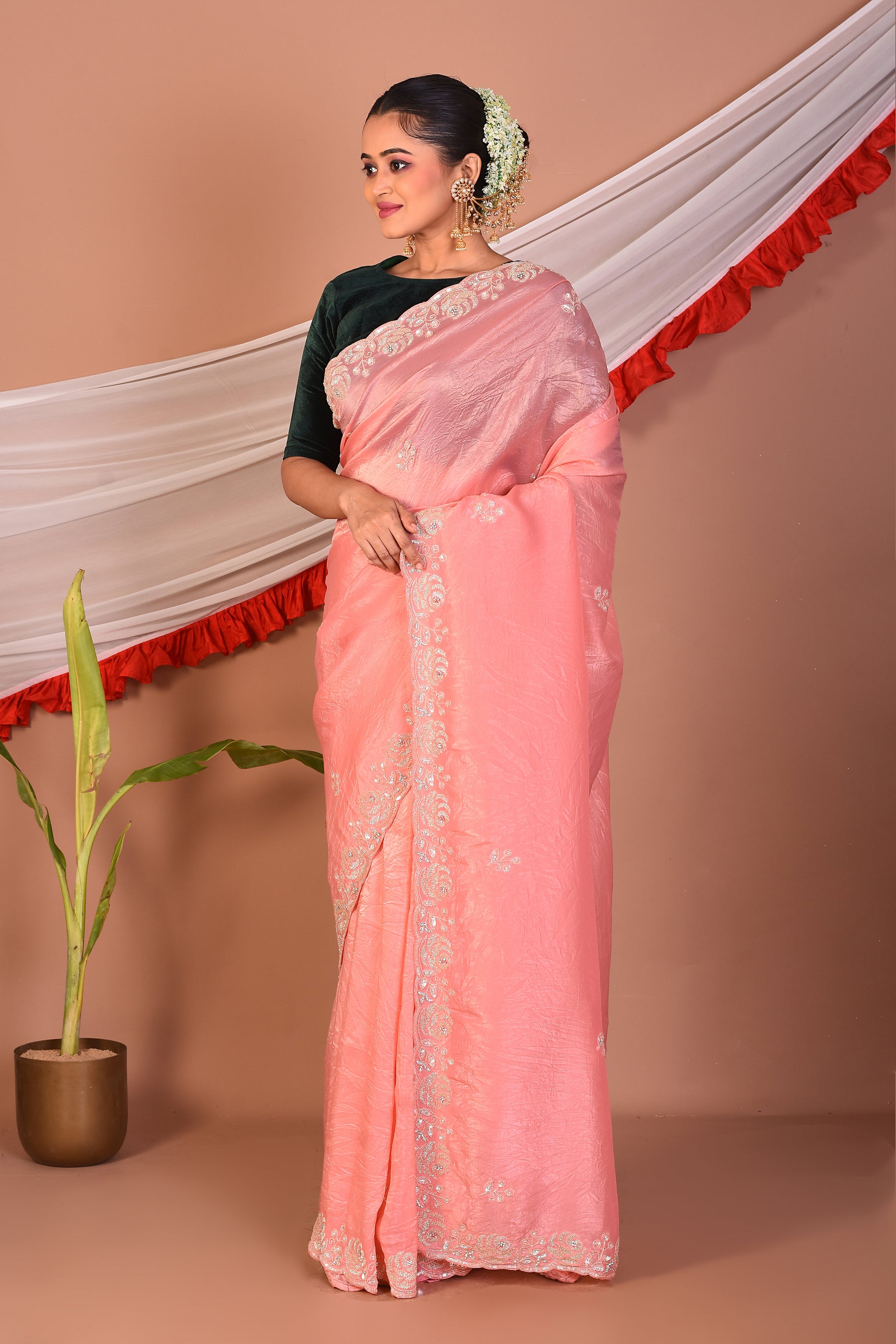 Peach Glass Tissue Saree - Keya Seth Exclusive