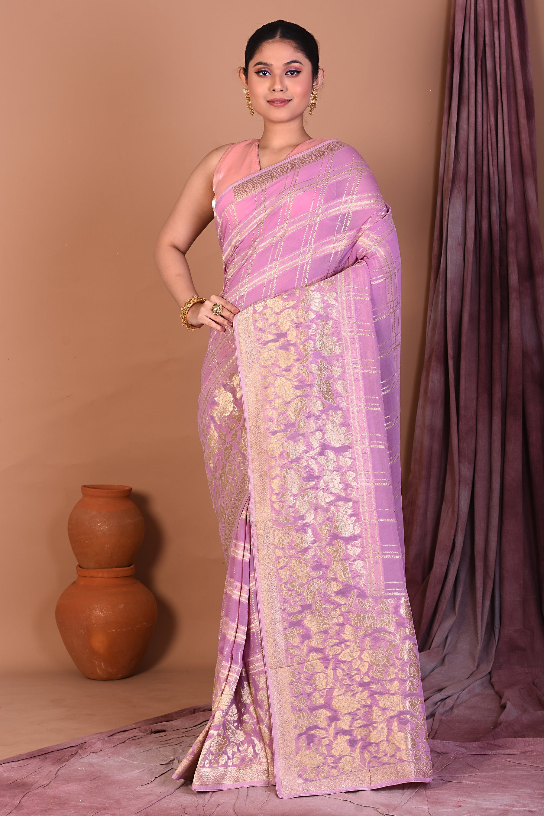 Light Purple Blended Khaddi Georgette Saree with Golden Zari - Keya Seth Exclusive