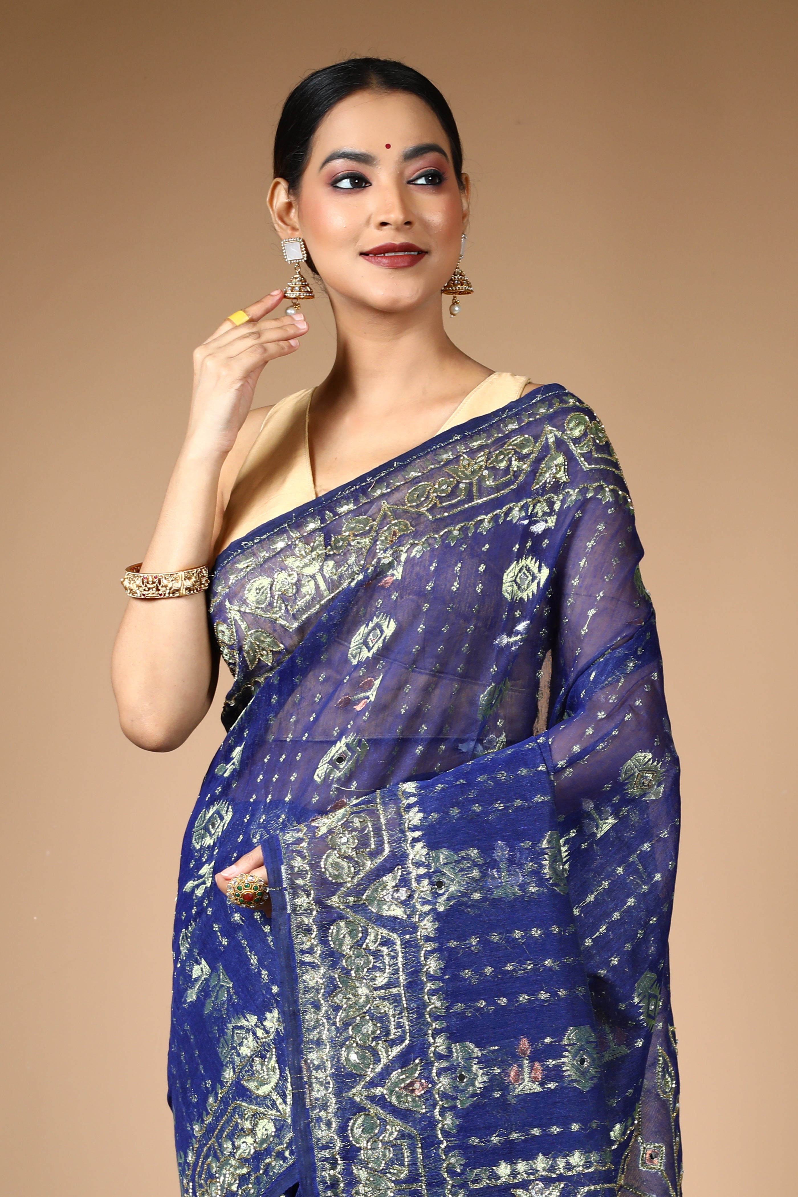 Blue Jamdani Saree with Cutdana Work