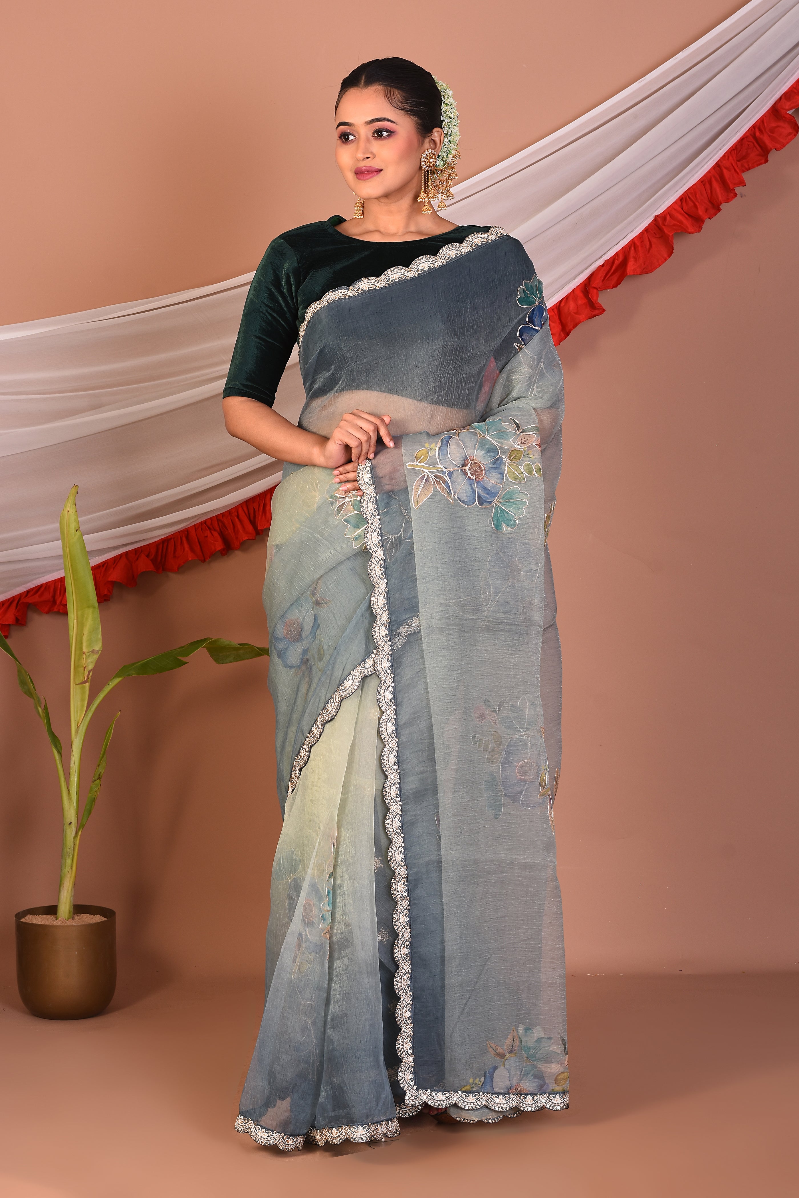 Designer Grey Blended Organza Saree - Keya Seth Exclusive