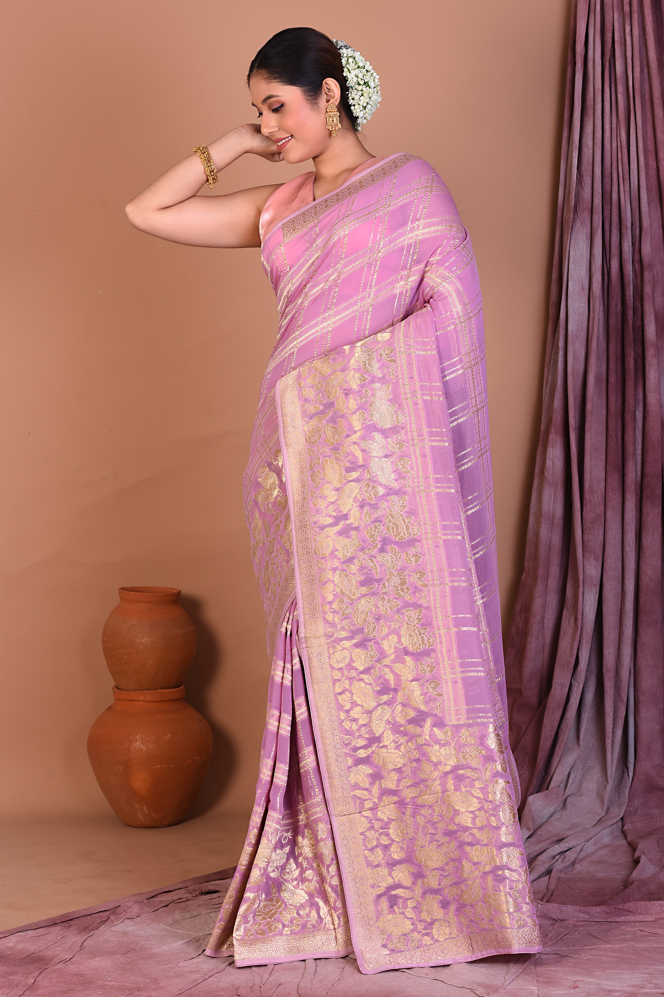 Light Purple Blended Khaddi Georgette Saree with Golden Zari - Keya Seth Exclusive