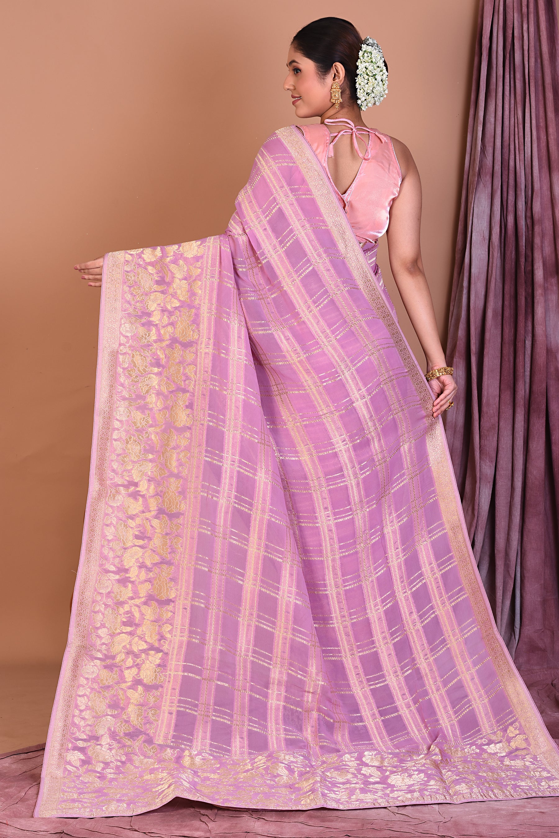 Light Purple Blended Khaddi Georgette Saree with Golden Zari - Keya Seth Exclusive