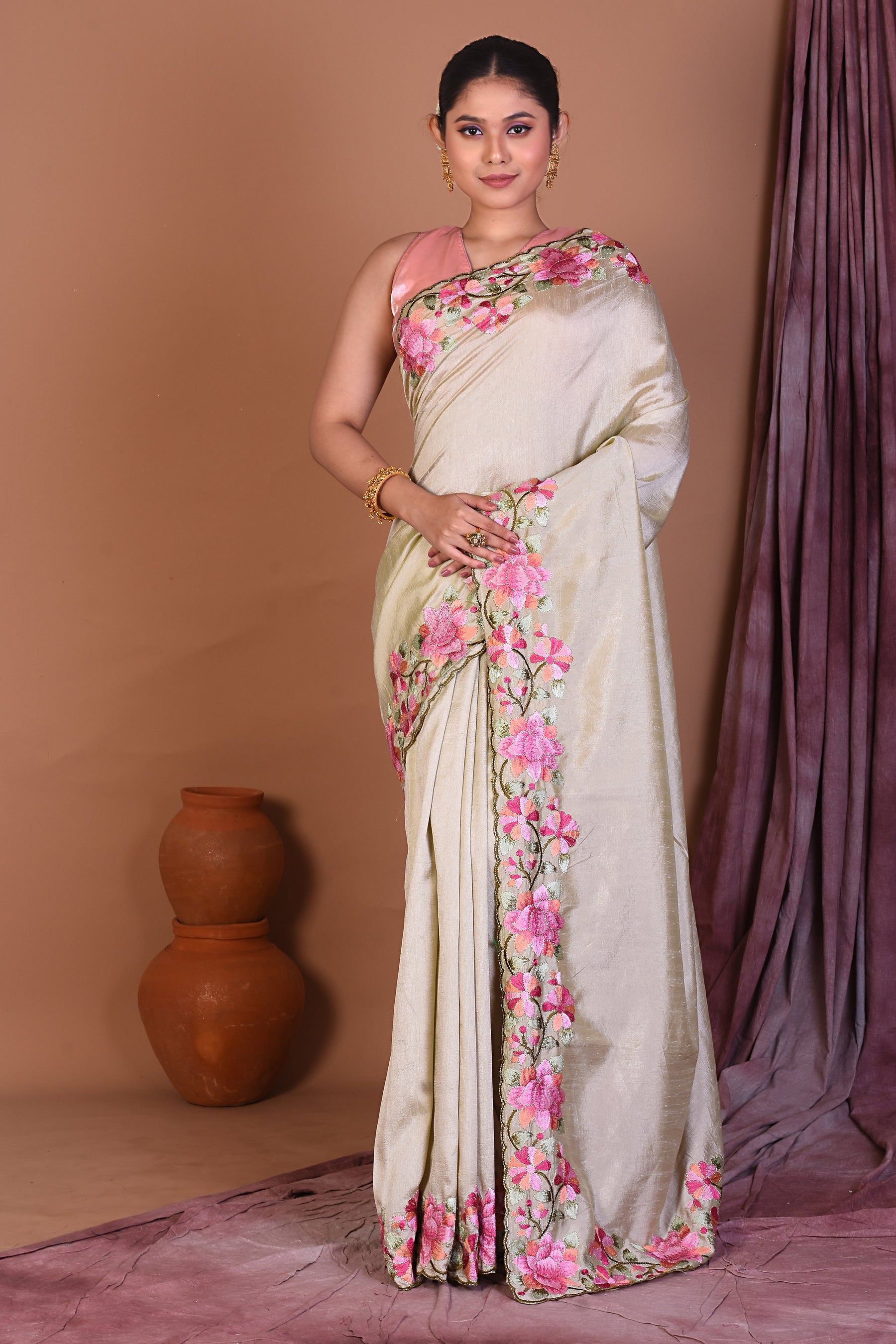 Green Blended Chiffon Saree with Threadwork - Keya Seth Exclusive