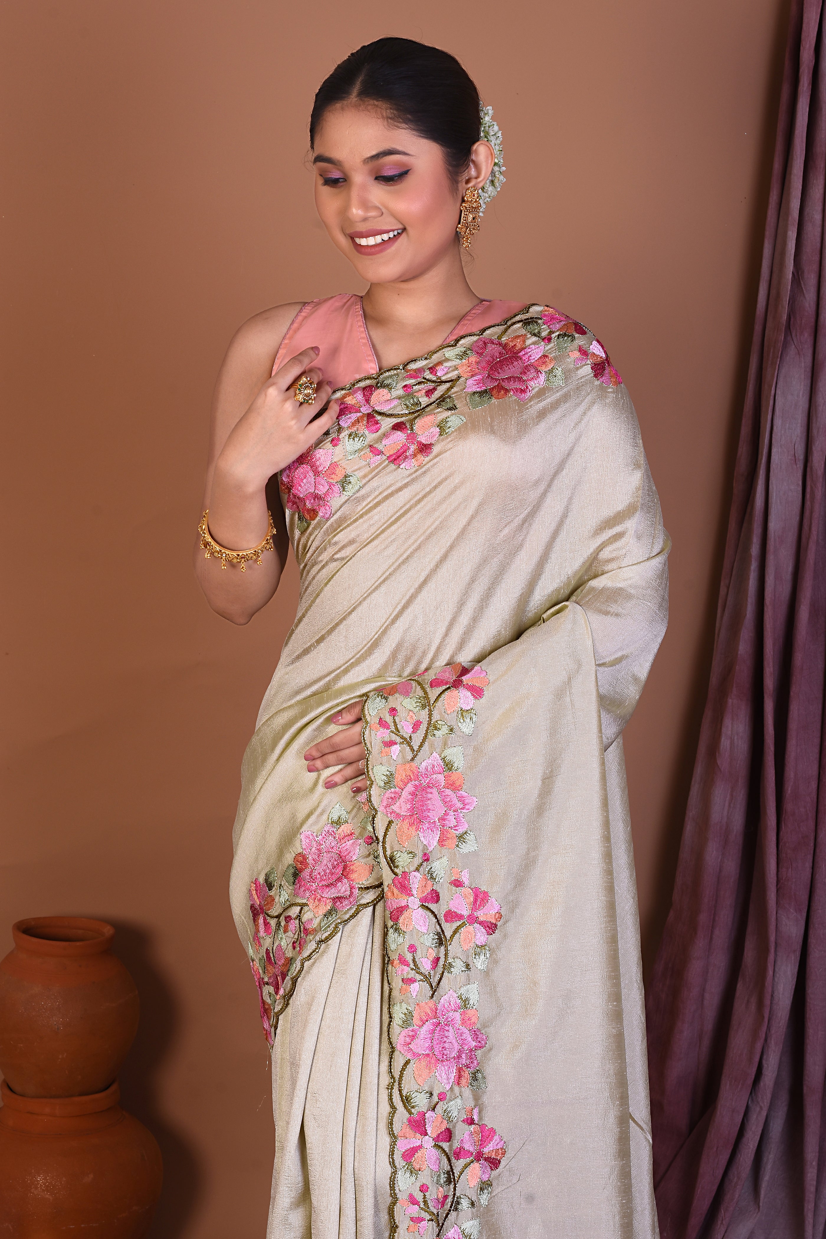 Green Blended Chiffon Saree with Threadwork - Keya Seth Exclusive