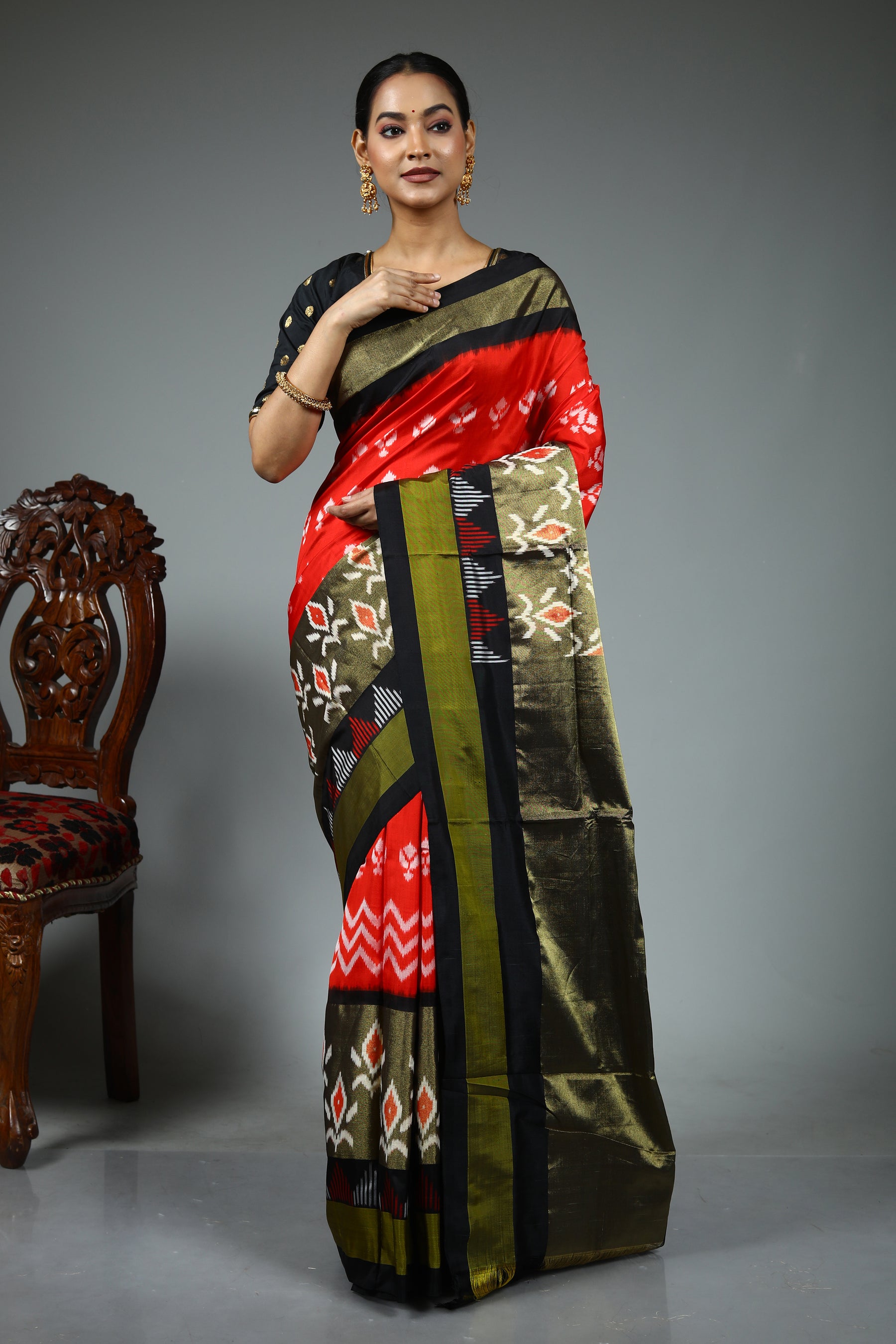Red Pure Ikkat Silk Saree