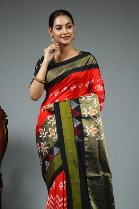 Red Pure Ikkat Silk Saree
