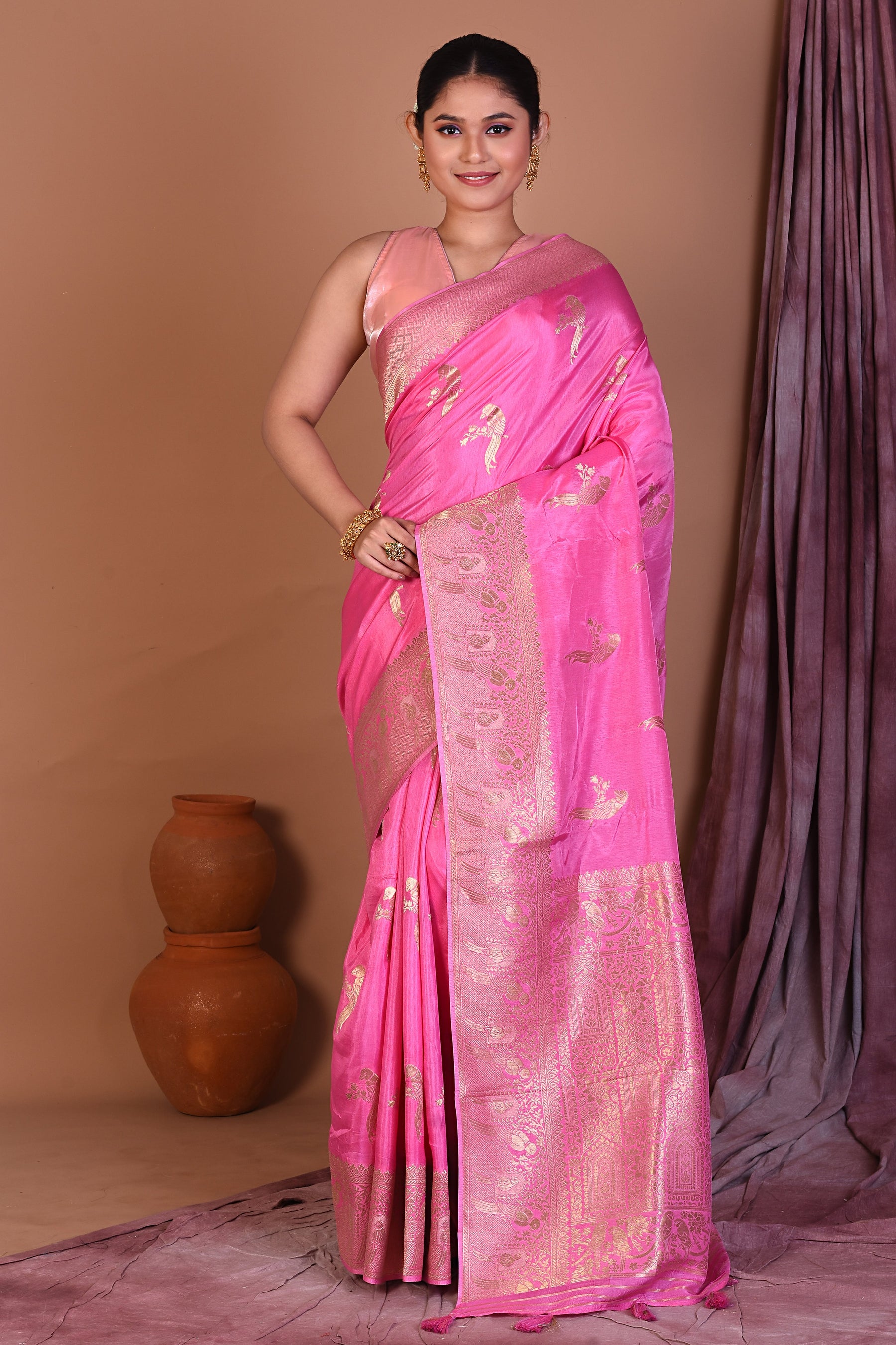 Pink Blended Kora Saree with Golden Zari - Keya Seth Exclusive