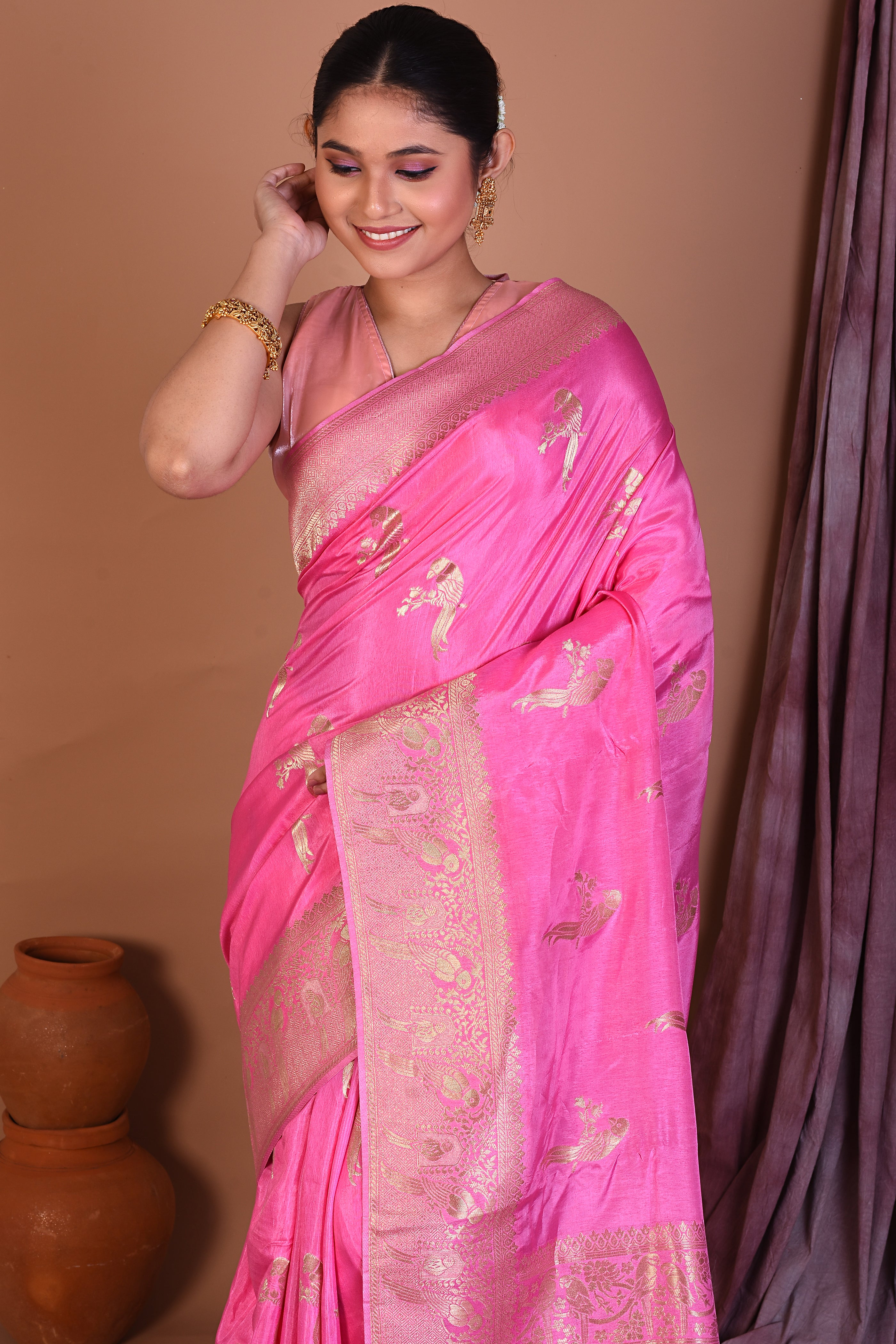 Pink Blended Kora Saree with Golden Zari - Keya Seth Exclusive