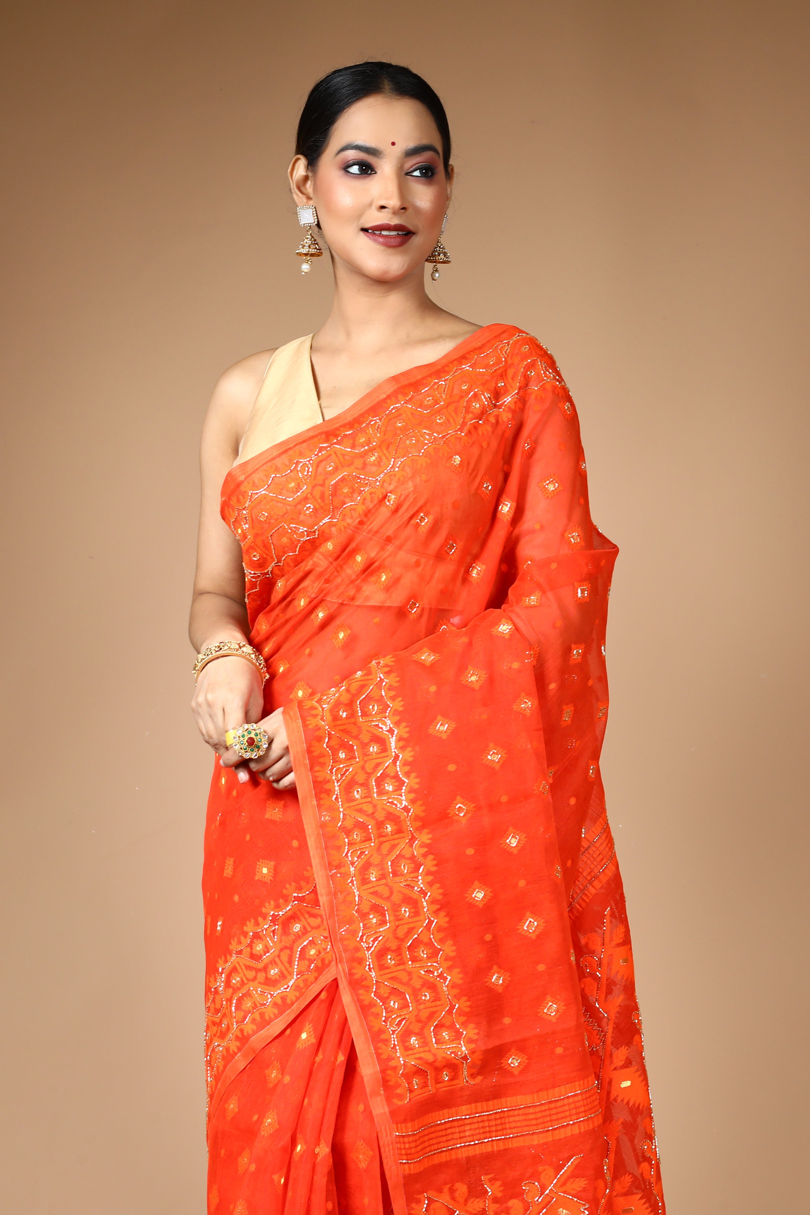 Orange Jamdani Saree with Cutdana Work