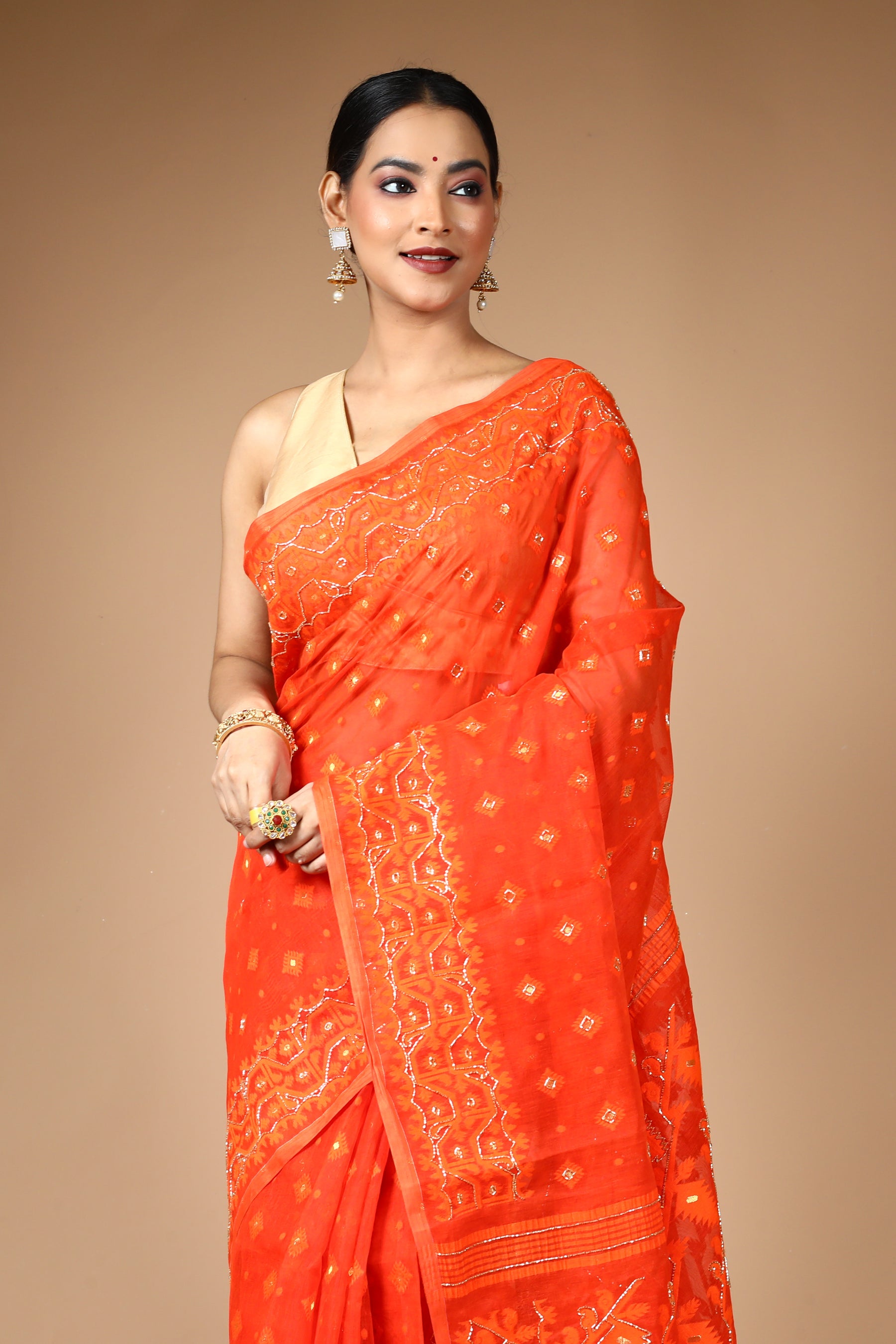 Orange Jamdani Saree with Cutdana Work