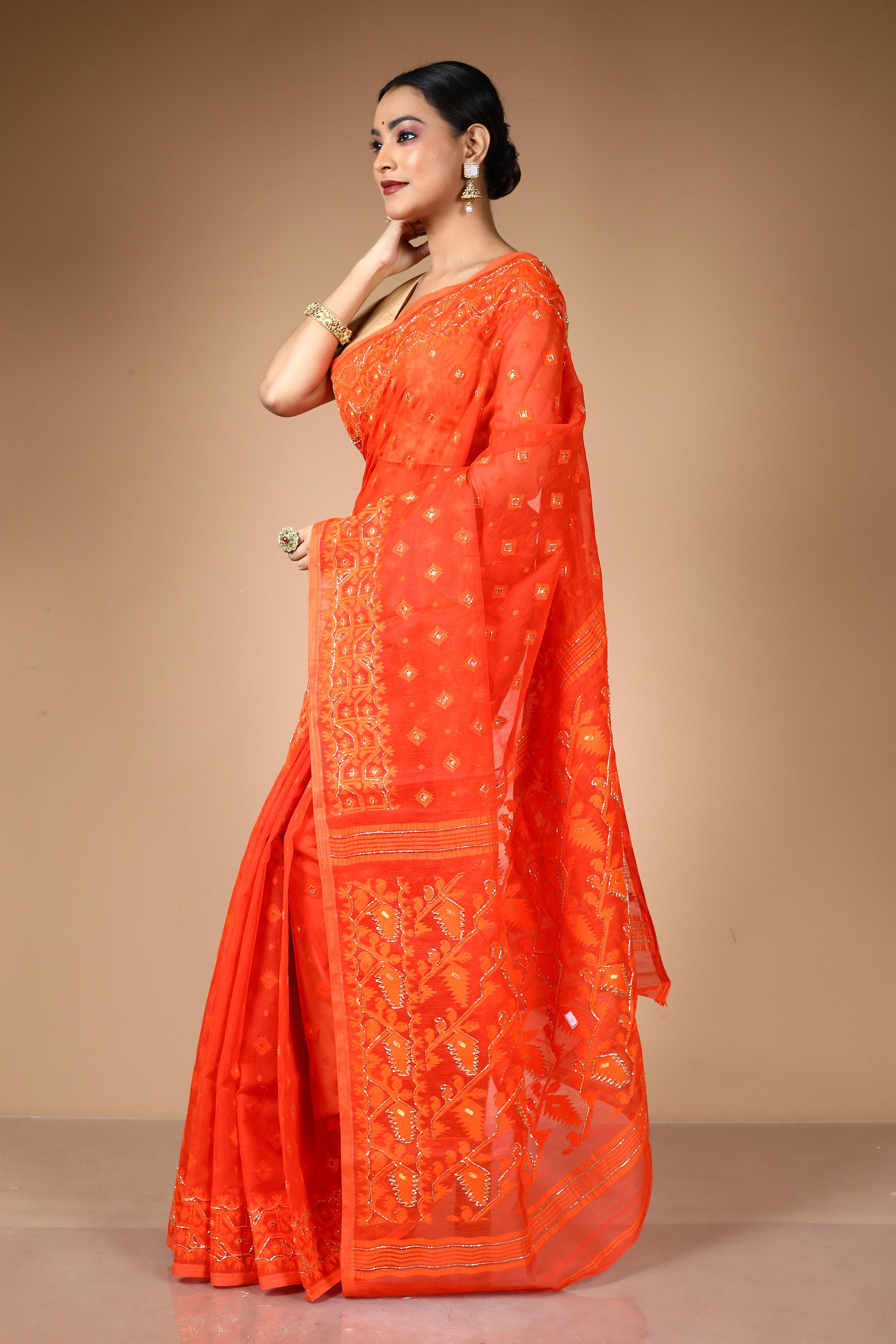 Orange Jamdani Saree with Cutdana Work