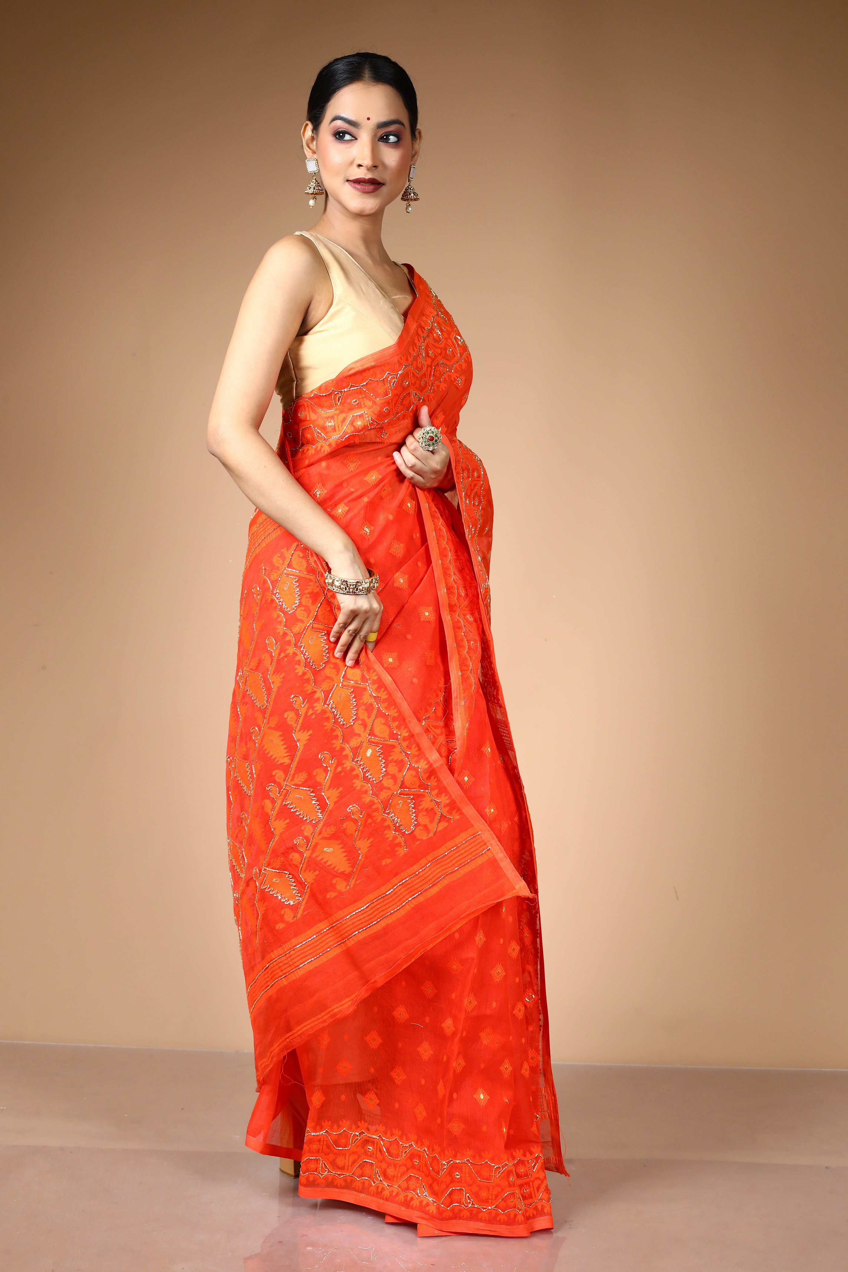 Orange Jamdani Saree with Cutdana Work