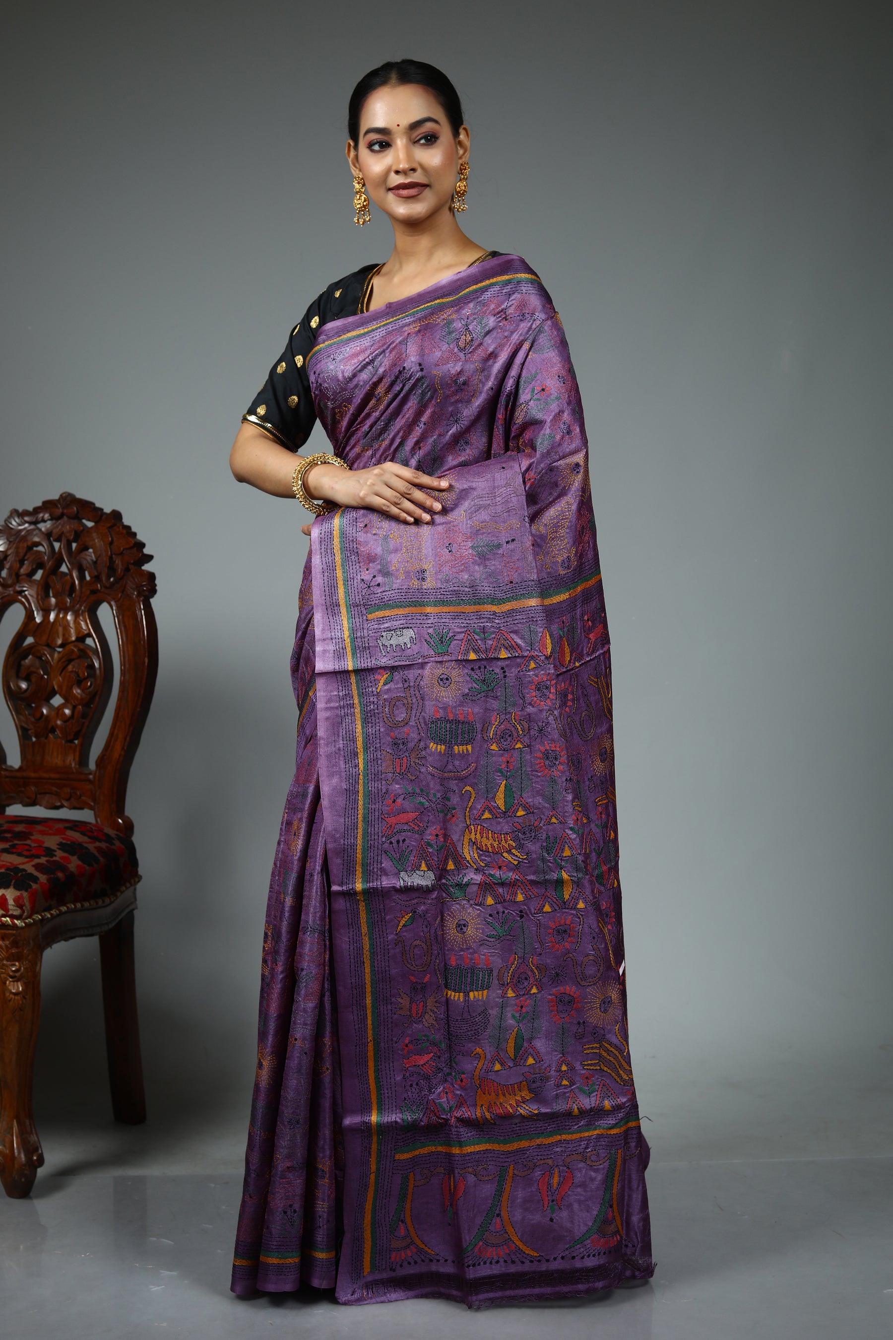 Mauve Kantha Stitch Saree