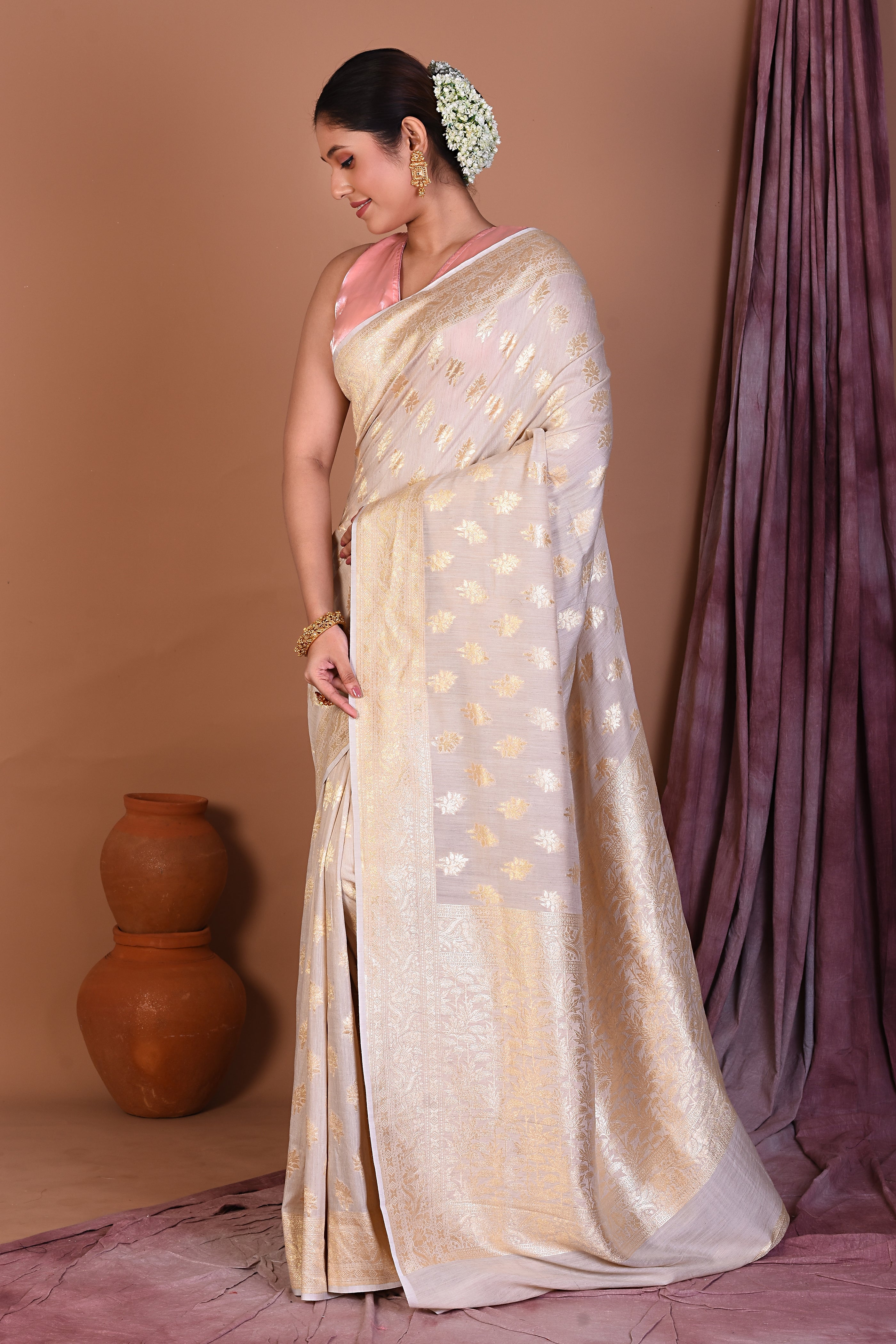 White Pure Muga Saree with Golden Zari - Keya Seth Exclusive