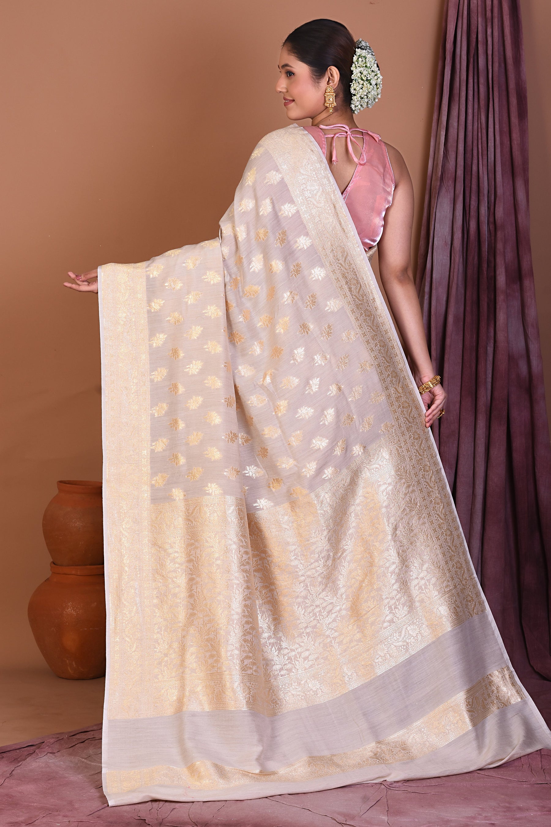 White Pure Muga Saree with Golden Zari - Keya Seth Exclusive