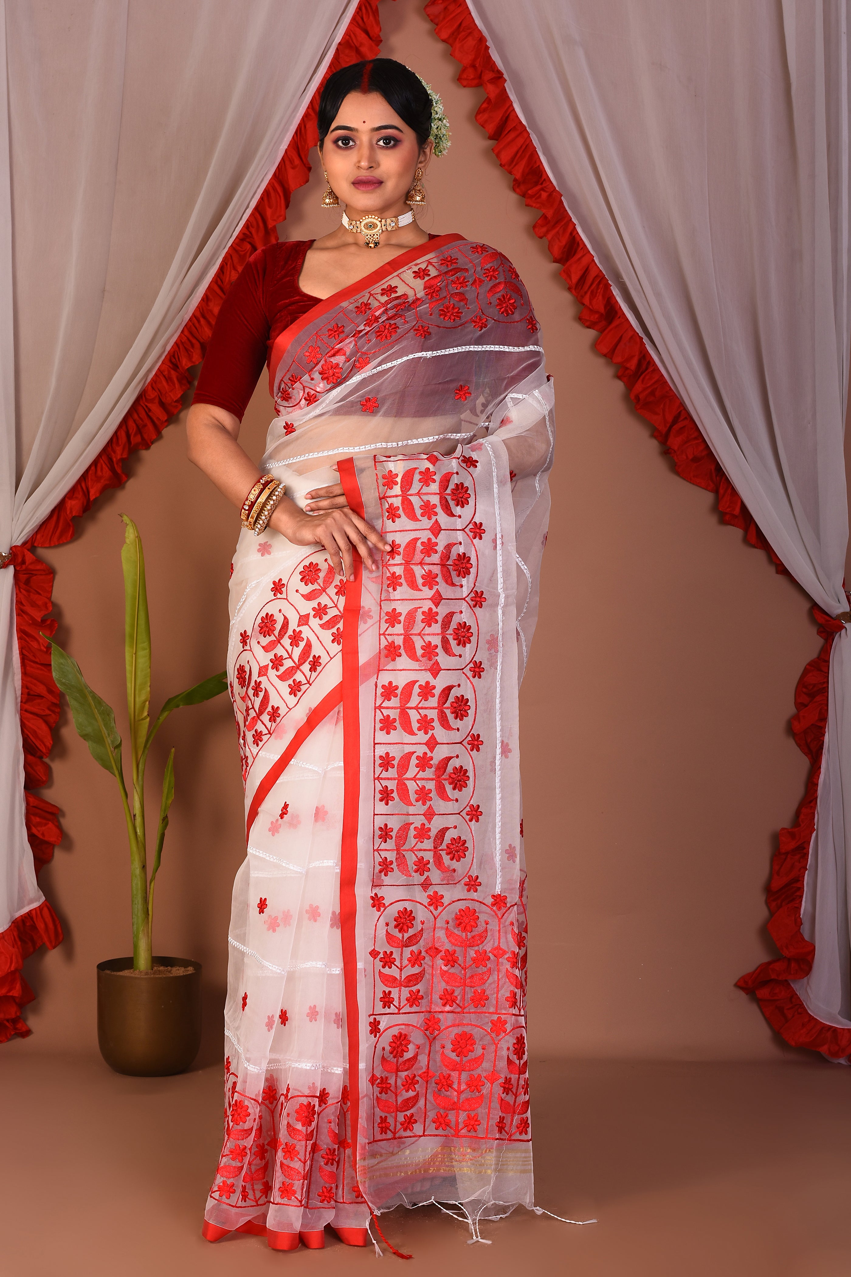 White Blended Muslin Saree - Keya Seth Exclusive