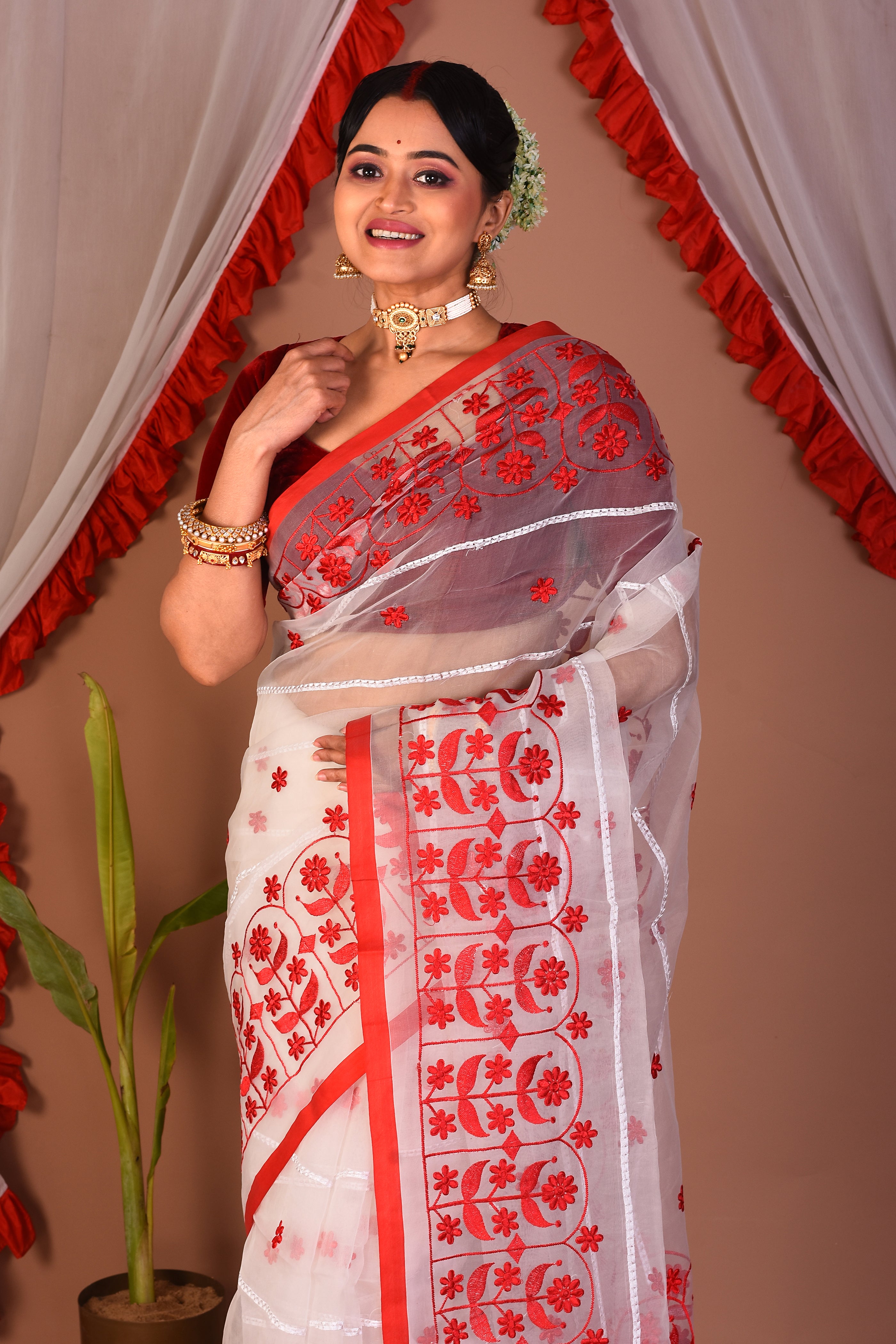 White Blended Muslin Saree - Keya Seth Exclusive