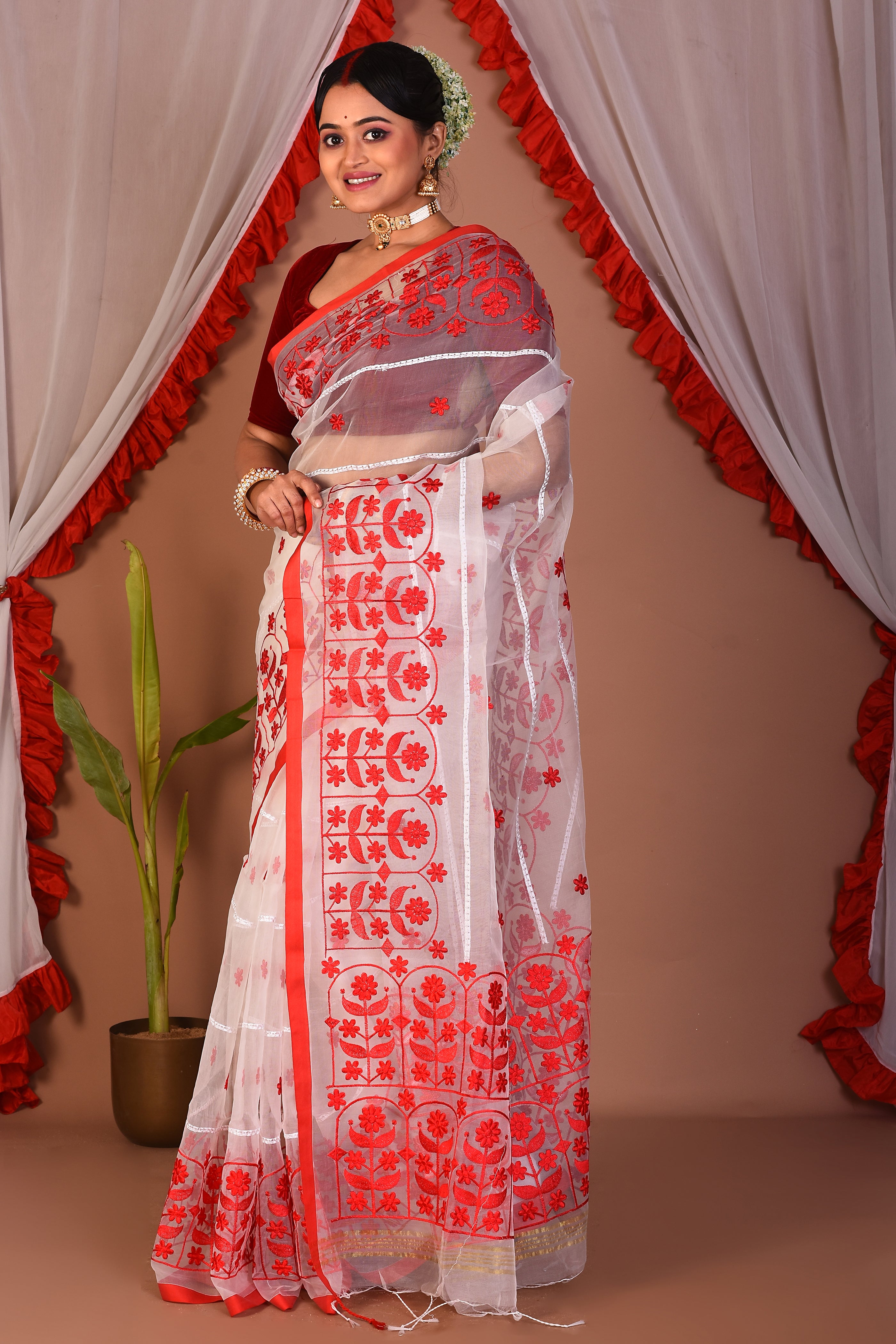 White Blended Muslin Saree - Keya Seth Exclusive