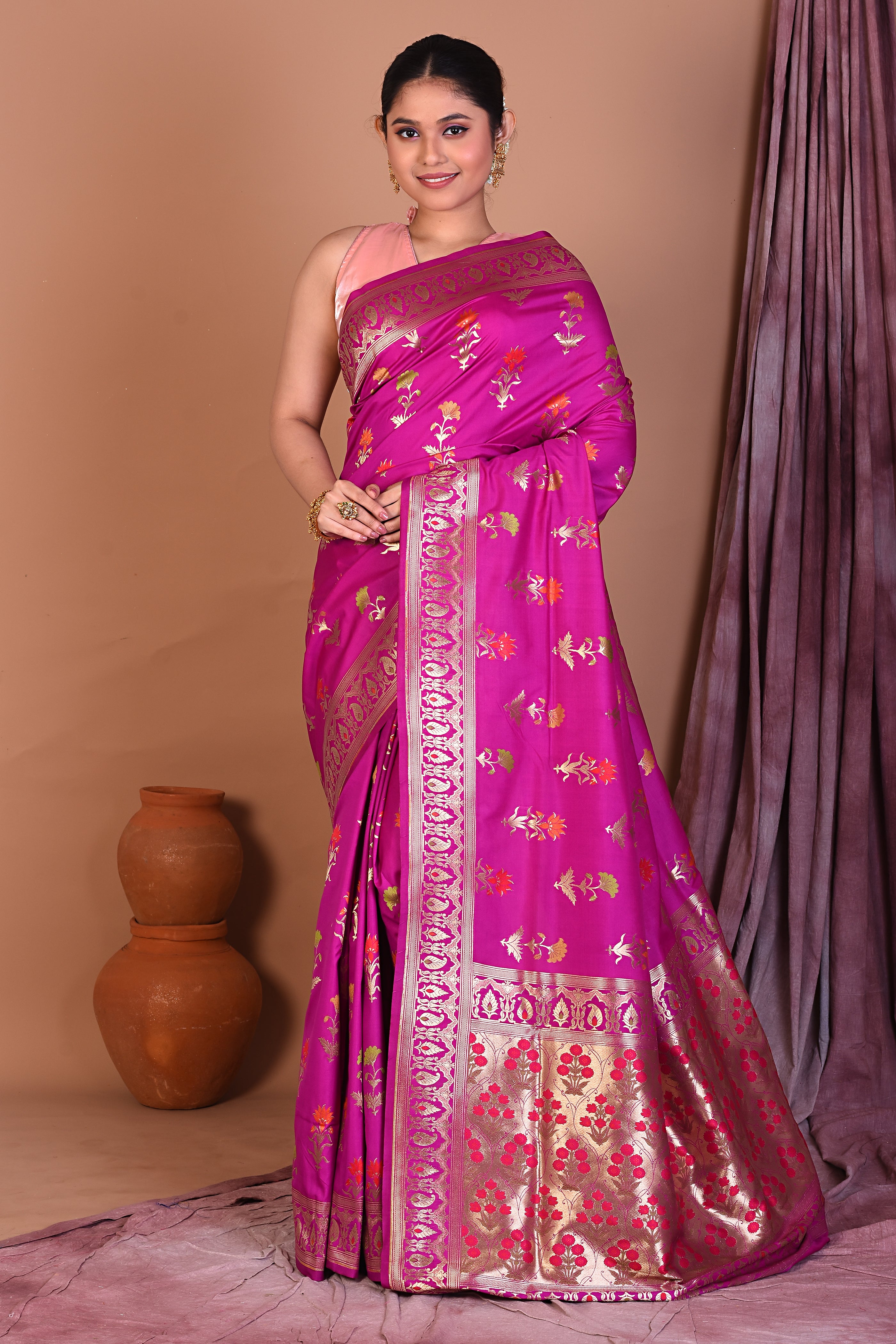 Magenta Blended Katan Saree with Golden Zari - Keya Seth Exclusive