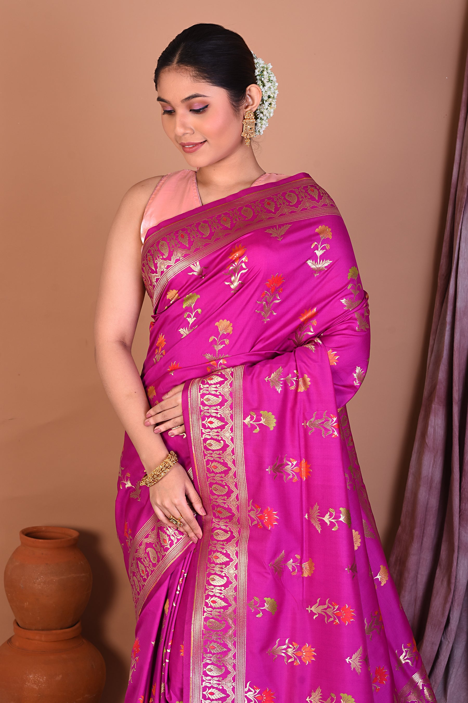 Magenta Blended Katan Saree with Golden Zari - Keya Seth Exclusive